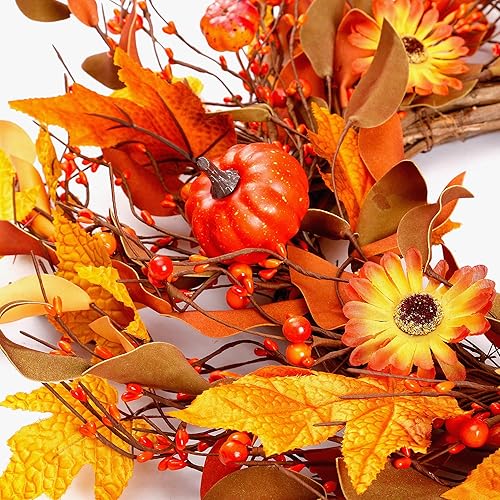 Miniatura 7 de Sggvecsy Corona artificial de otoño de 22 pulgadas, corona de cosecha para puerta delantera, corona de cosecha con calabaza, margarita, baya, hojas
