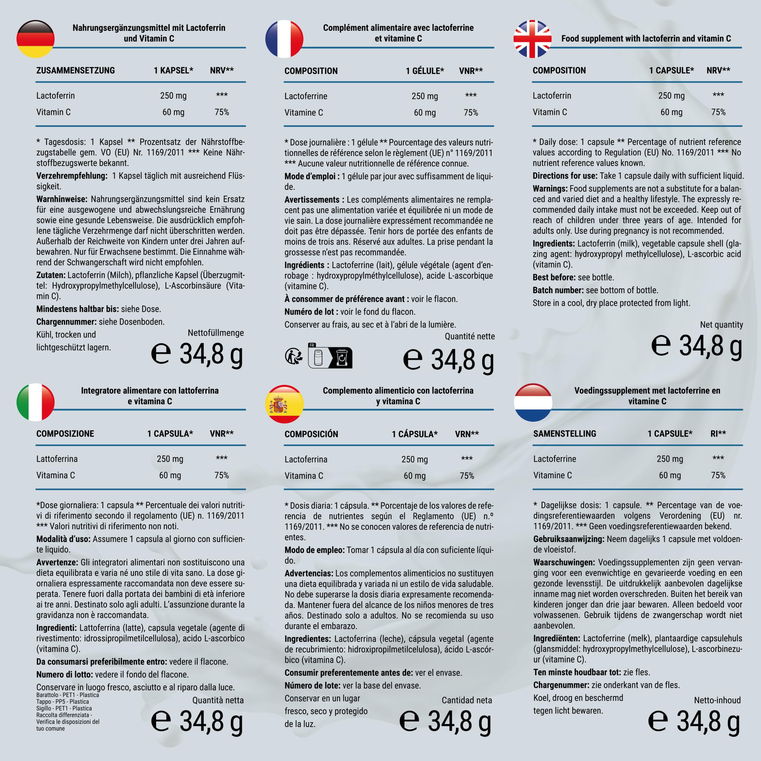Lactoferrin 250 mg pro Kapsel - 90 Kapseln: 3 Monate Vorrat - mit 60 mg Vitamin C - für Eisenaufnahme & Immunsystem - hochdosiert mit >95% Lactoferrin - 1 Kapsel täglich, ohne Zusatzstoffe