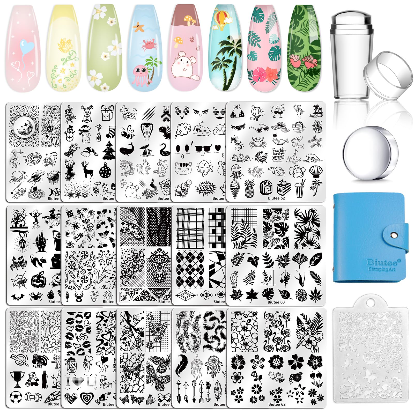 Biutee Nail Stamping Plates Kit - 15pcs Set with Stamper, Scraper, Storage Bag - Lace, Flower, Butterfly, Star, Holiday, Sports Design Nail Image Plate-image-42