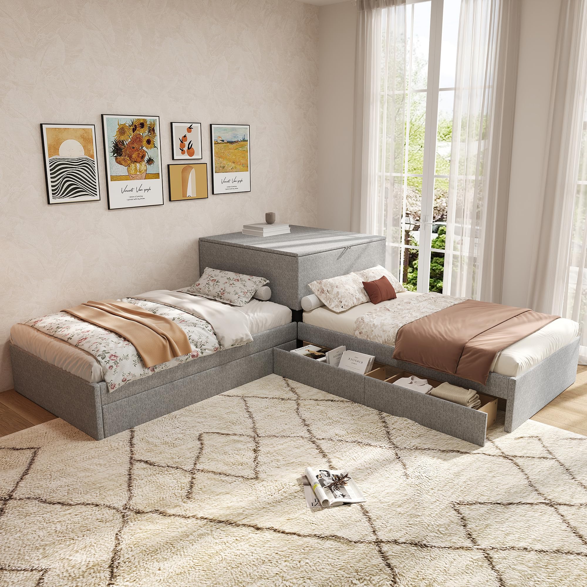 Cama esquinera, dos camas individuales con cama nido, cama tapizada, cama funcional con espacio de almacenamiento, con armario de almacenamiento, con cajón de almacenamiento, con cama nido (90 x 200