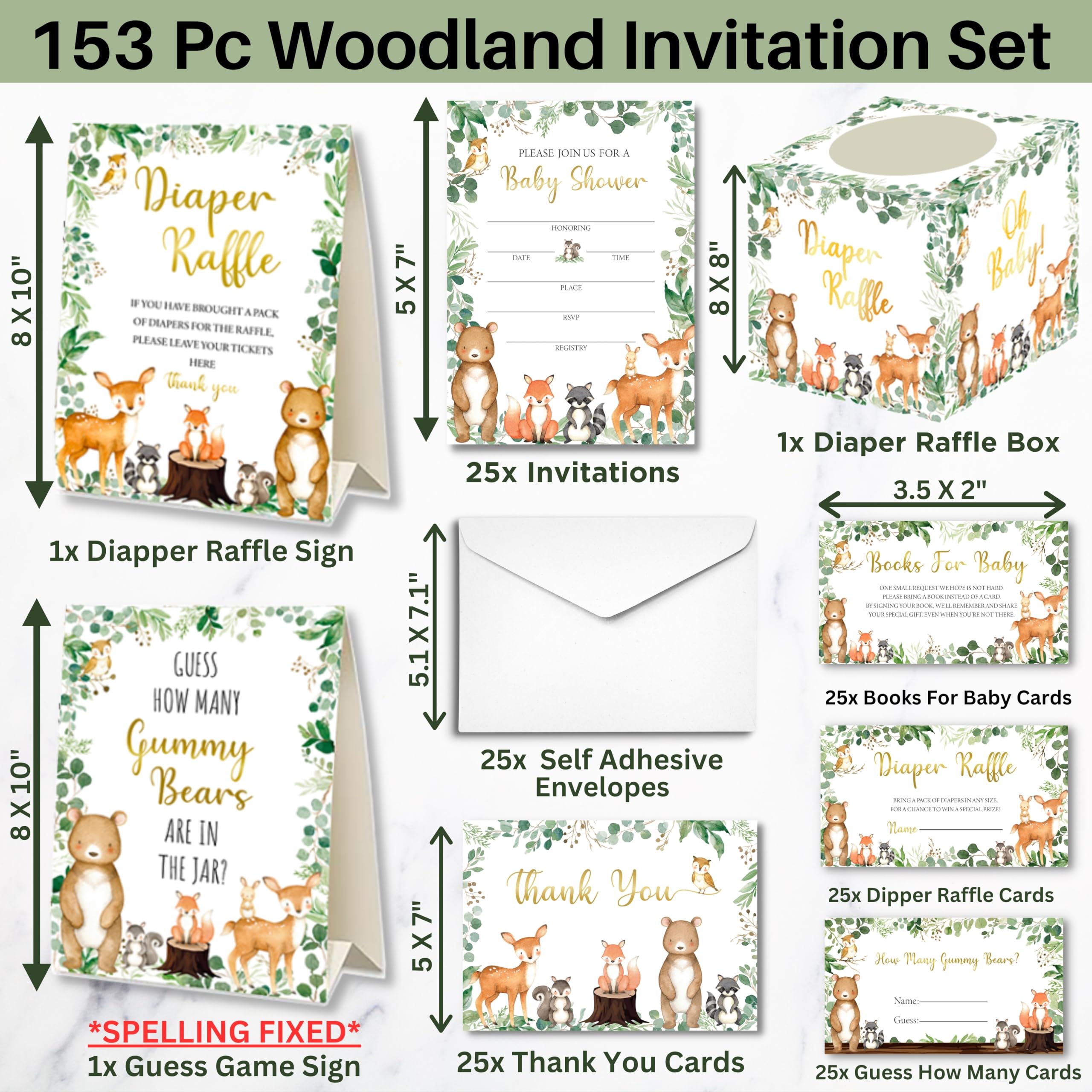 153 invitaciones para baby shower del bosque para niño y niña con sobres, tarjetas de agradecimiento para bebé, tarjetas de solicitud de libro, caja de rifa de pañales con boleto y letrero, juego de