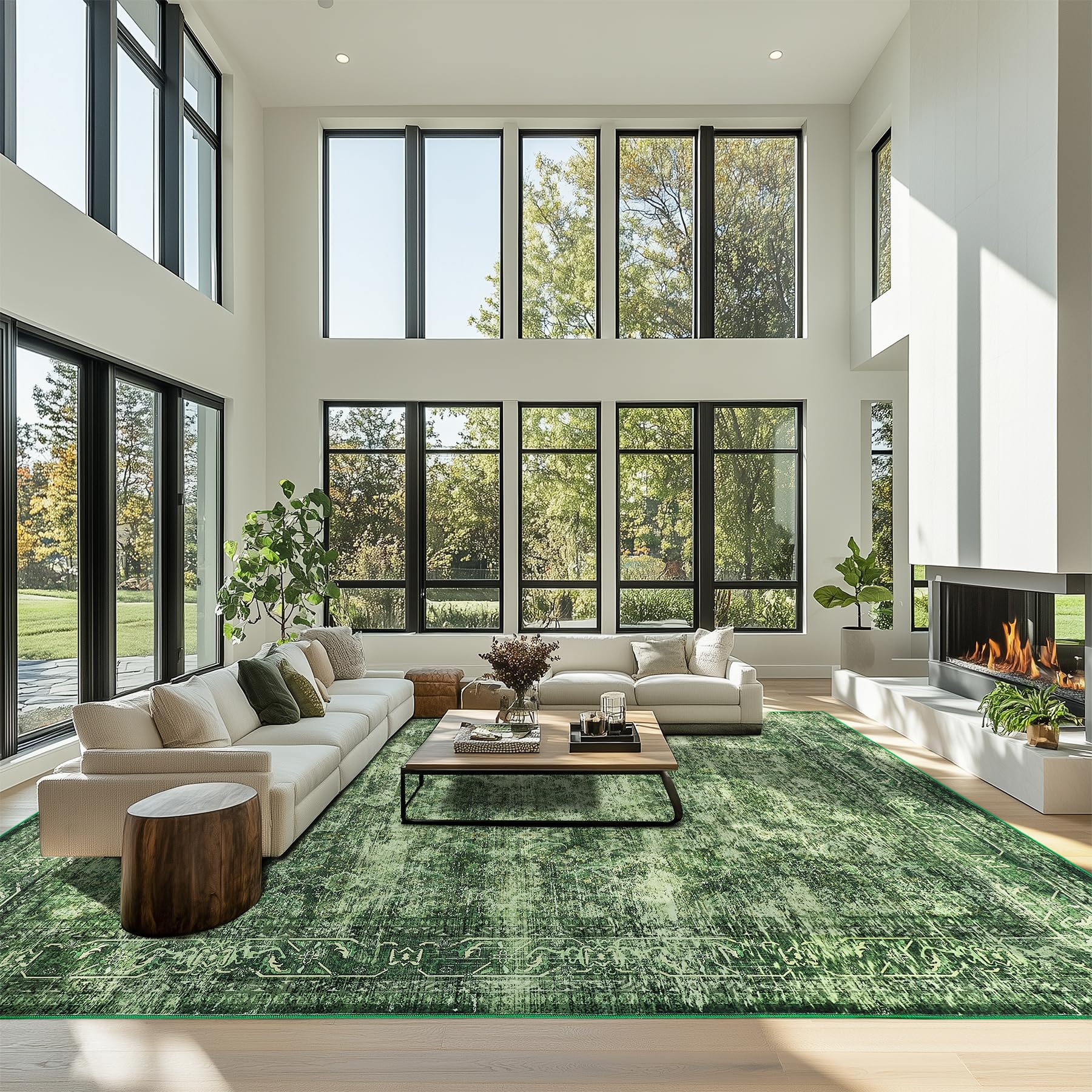 8x10 ft Area Rug Green – Boho Indoor Rug, Low Pile, Machine Washable, Non-Slip, for Living Room, Bedroom, Dining Room