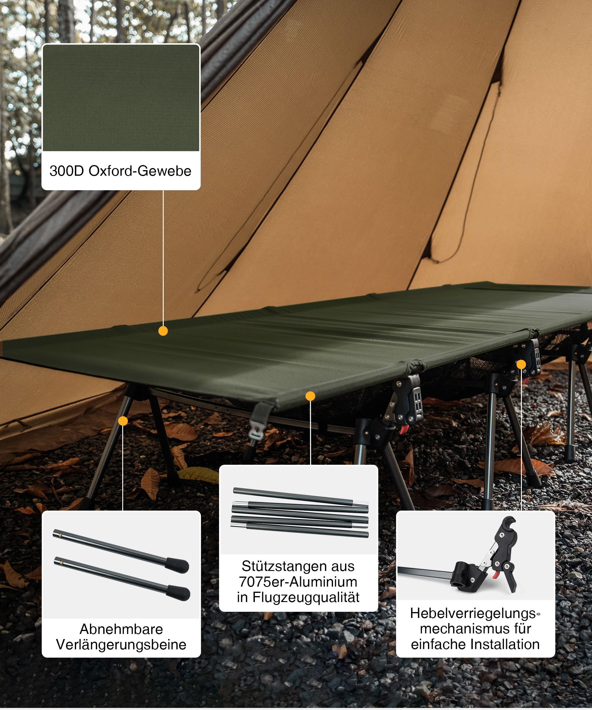OneTigris SUPRATIROS Lit de camp pliable XXL portable et léger jusqu'à 180 kg pour tente, extérieur, voyage, jardin, bureau (220 x 80 cm)