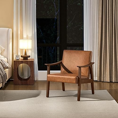 Miniatura 2 de Yaheetech PU Leather Accent Chair, Mid-Century Modern Armchair with Solid Wood Legs, Reading Leisure Chair with High Back for Living Room Bedroom