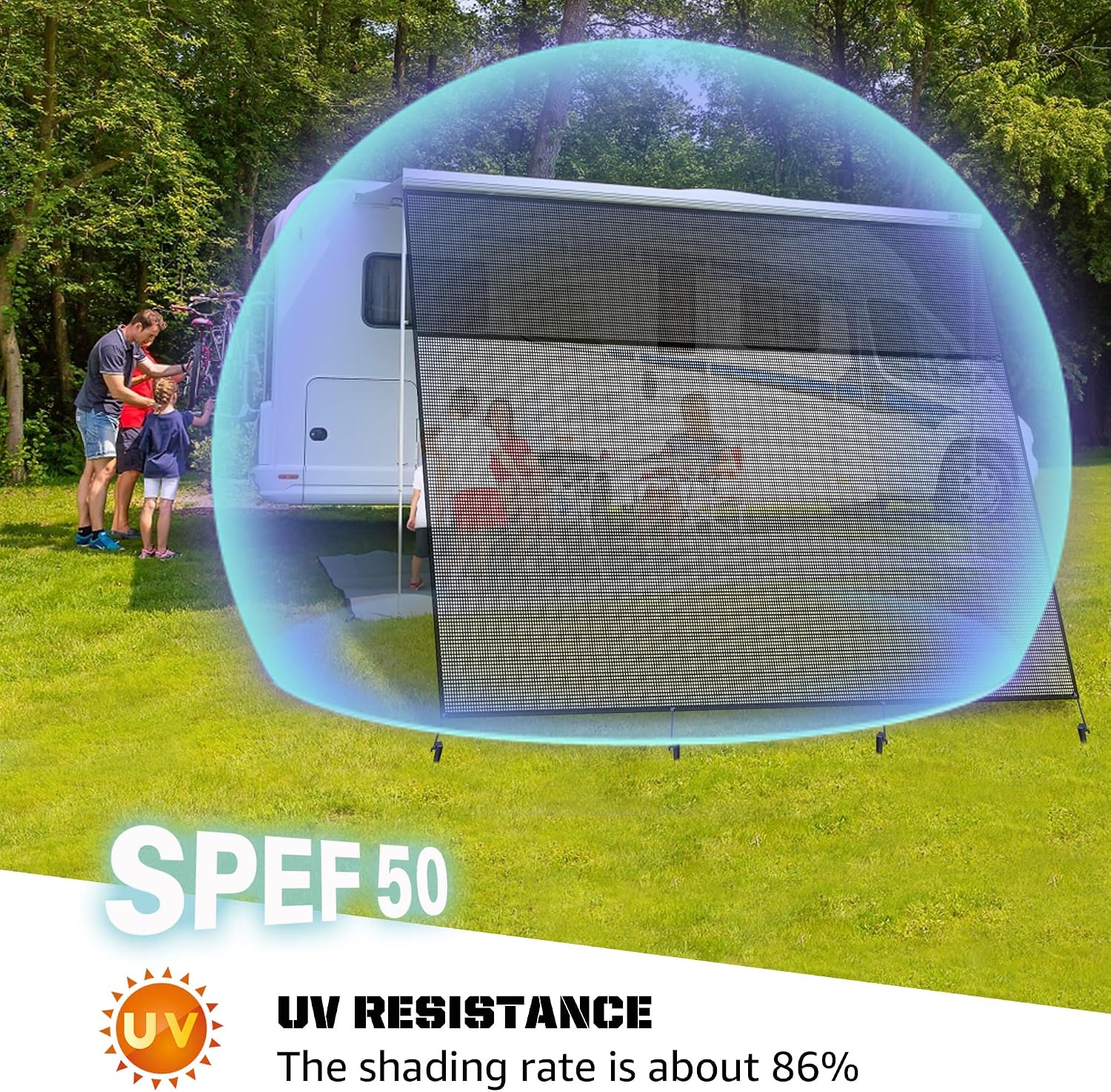 Richeer RV Awning Shade Screen with Zipper 15' x 9' - Black Mesh UV Blocker Sun Shade with Shading Effect and Privacy RV Camper Motorhome Travel Trailer Comes with Complete kit