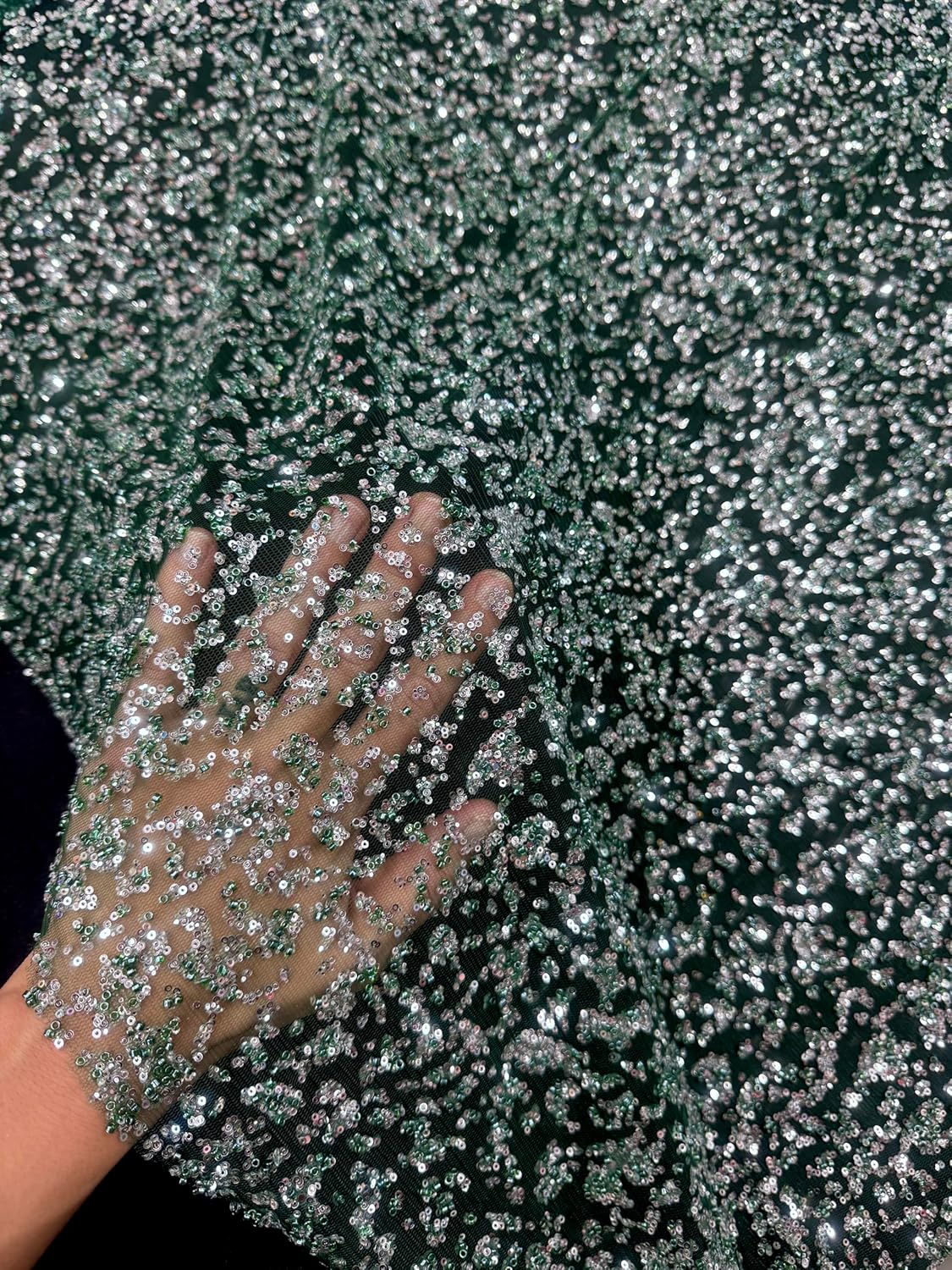Sparkly Beaded Sequin on Mesh - Sequin Fabric by The Yard -1 Yard of Sparkling Stretch Sequin Fabric - Perfect for Sewing Glamorous Dresses and Craft Projects - 58 Inch Width (Green/Silver)