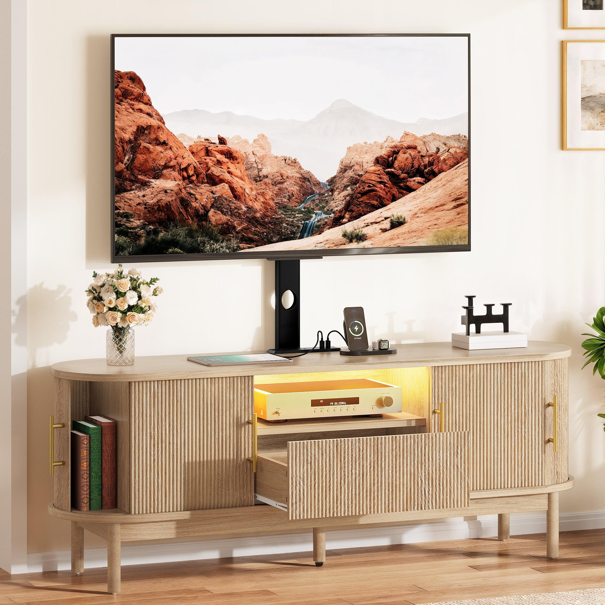 YITAHOME Fluted TV Stands for Living Room with Mount, Modern Entertainment Center for 32-70 inch TVs, LED Curved TV Stand with PowerOutlets & LED Light, Curved Profile Design, Natural Oak