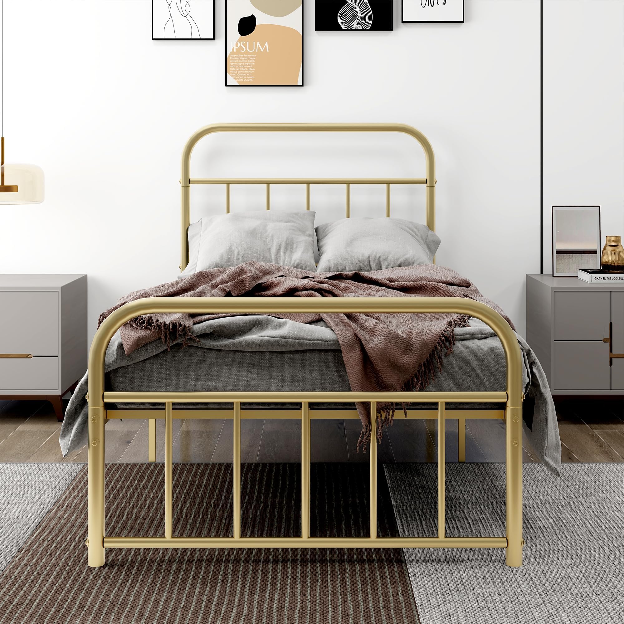 Twin Metal Platform Bed Frame with Vintage Headboard Footboard Extra Strong Support No Box Spring Needed Noise Free Easy Assembly Gold