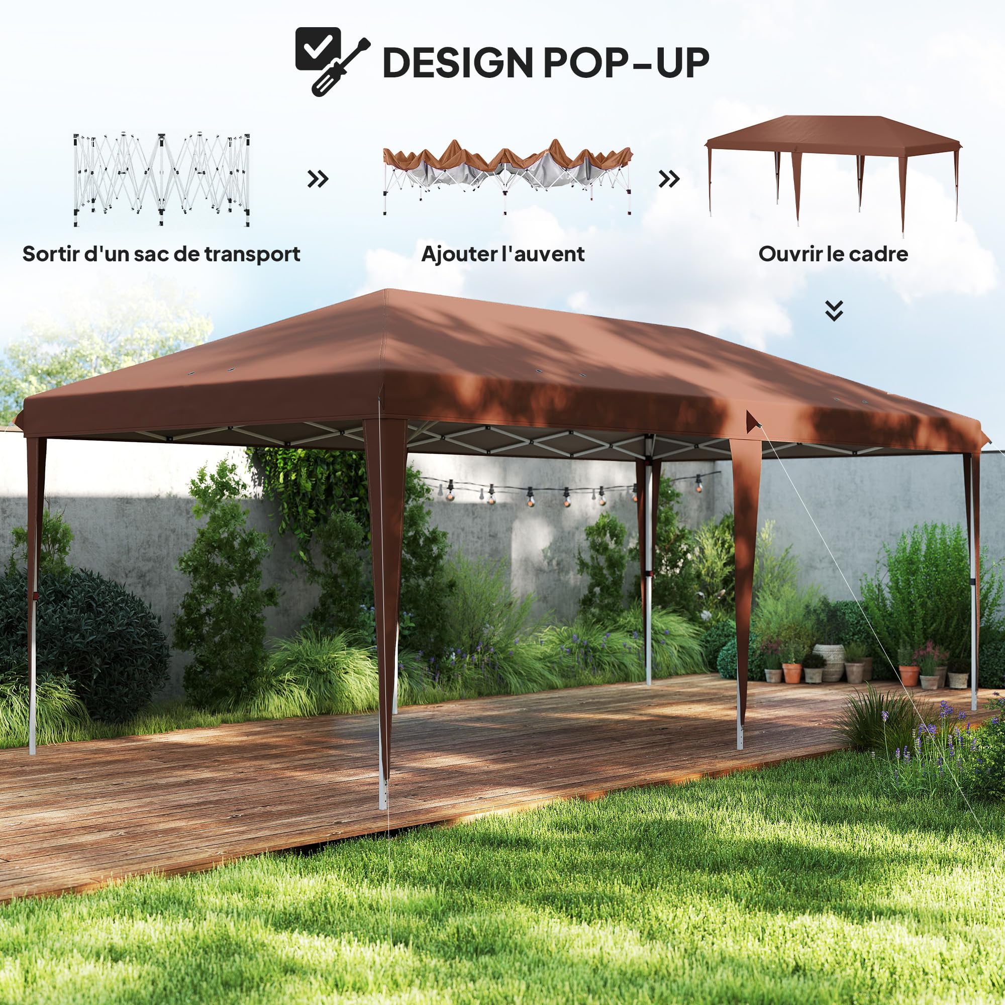 Outsunny Tonnelle Pliante 3x6m tonnelle de Jardin extérieur Barnum de Jardin Pop-up Pliant Sac Inclus Acier époxy Oxford Haute densité Marron
