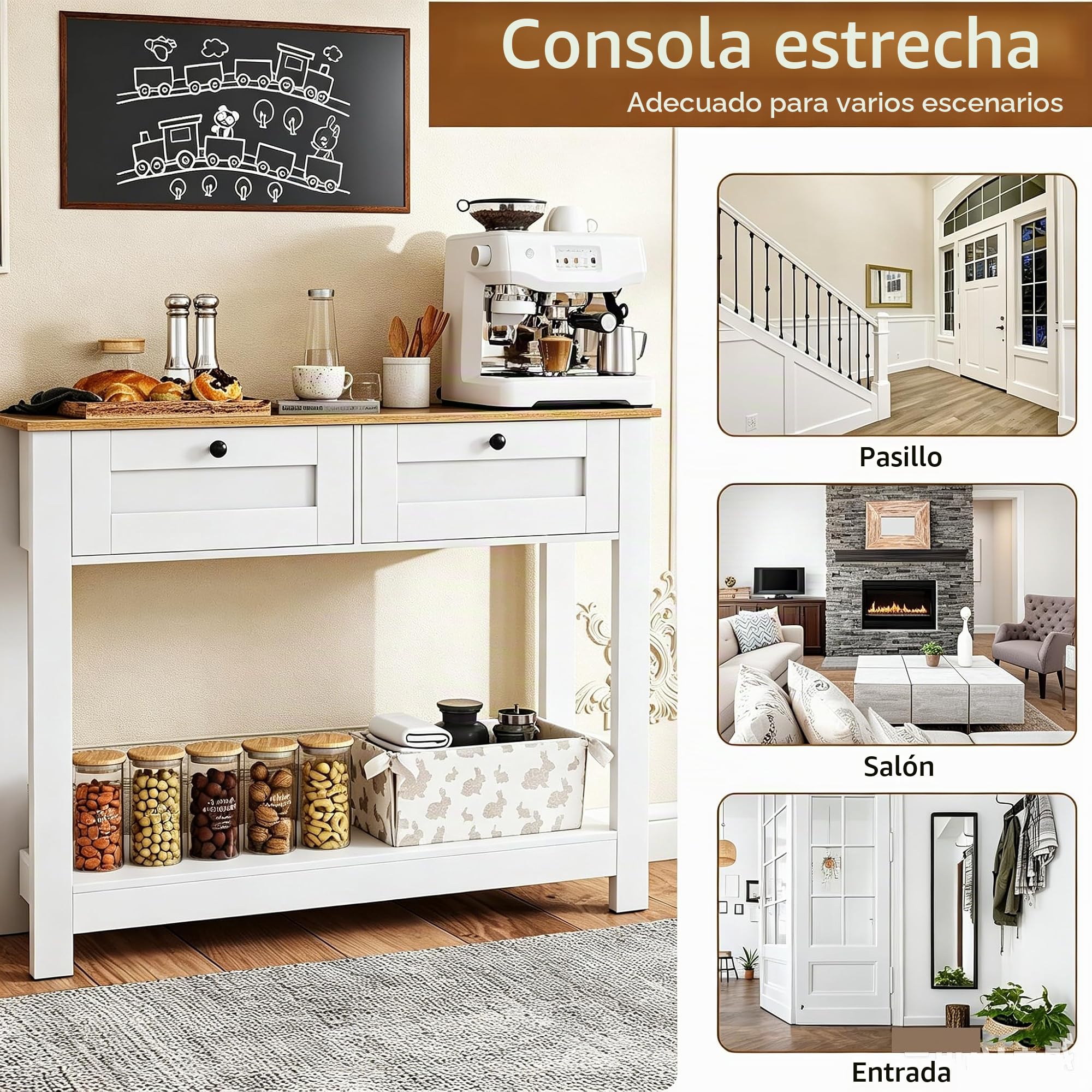 LIFEZEAL Mesita Auxiliar Rectangular de Madera, con Dos Estantes y Dos Cajones, Incluye Diseño Antivuelco, para Pasillos, Recibidores y Salones, Máx.80 kg, Blanco (106 x 30 x 81,5 cm)