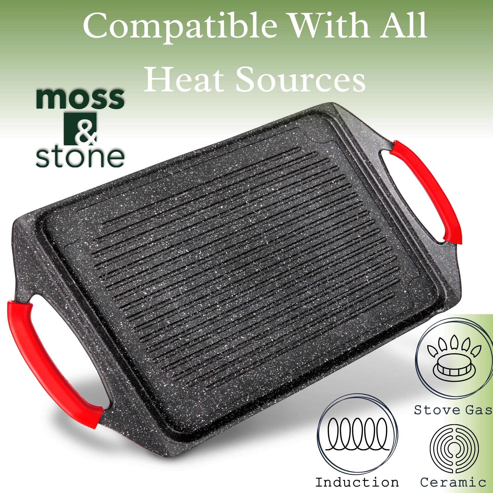 Moss & Stone Plancha de aluminio para barbacoa, parrilla rectangular de 18 x 10.5 pulgadas para cocinar en interiores, parrilla plana antiadherente para pescado, verduras y filetes