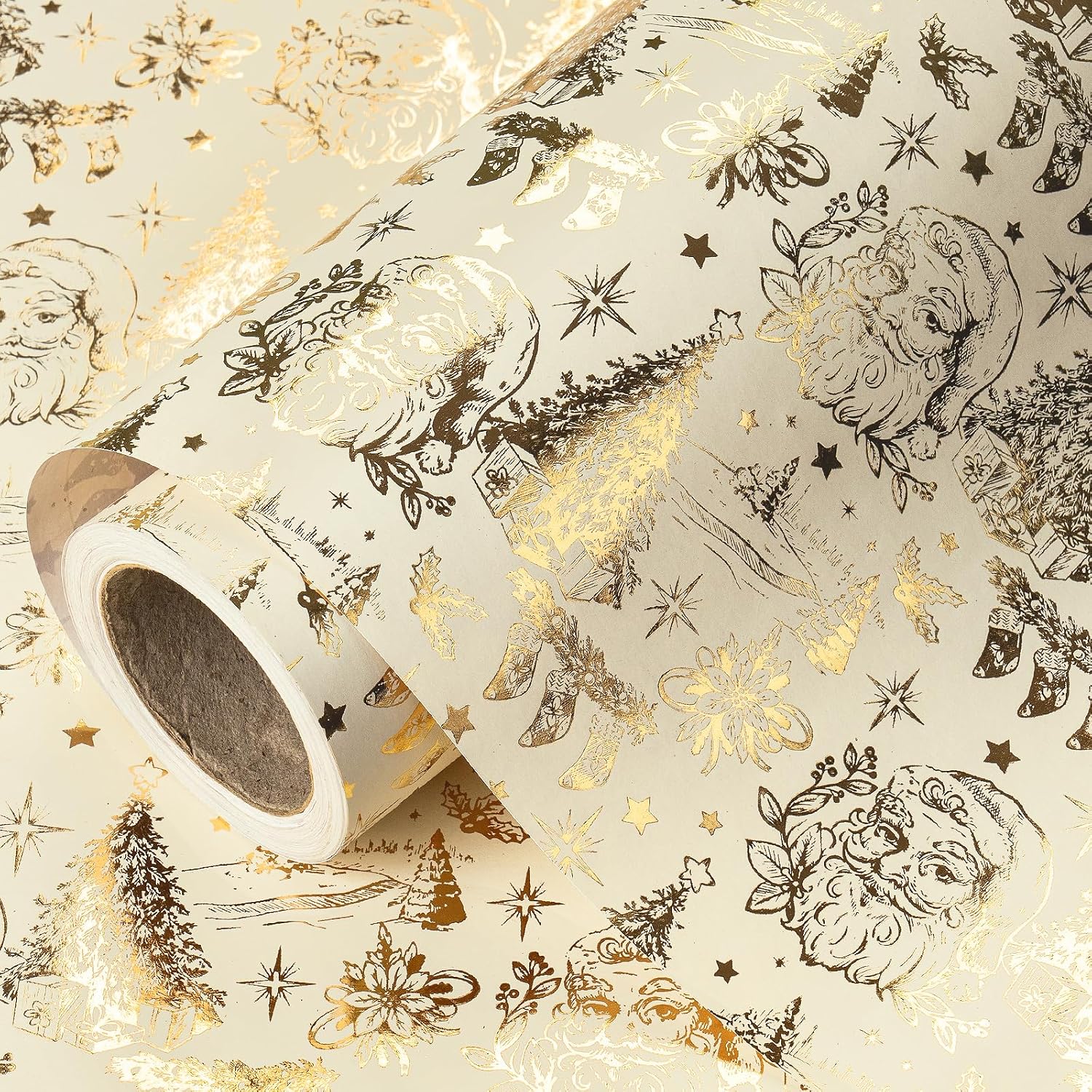 RUSPEPA 30" X 16.4' Gold Foil Christmas Wrapping Paper Large Paper Roll, Jumbo Roll, White Gold Vintage Santa, Tree & Reindeer Design with Metallic Foil Gift Wrap for Winter Holiday, Xmas Party