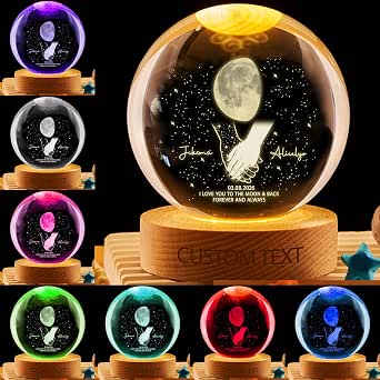 Personalized Moon Phase Crystal Ball LED Night Light with Wooden Base – Custom Date & Names Anniversary Gift
