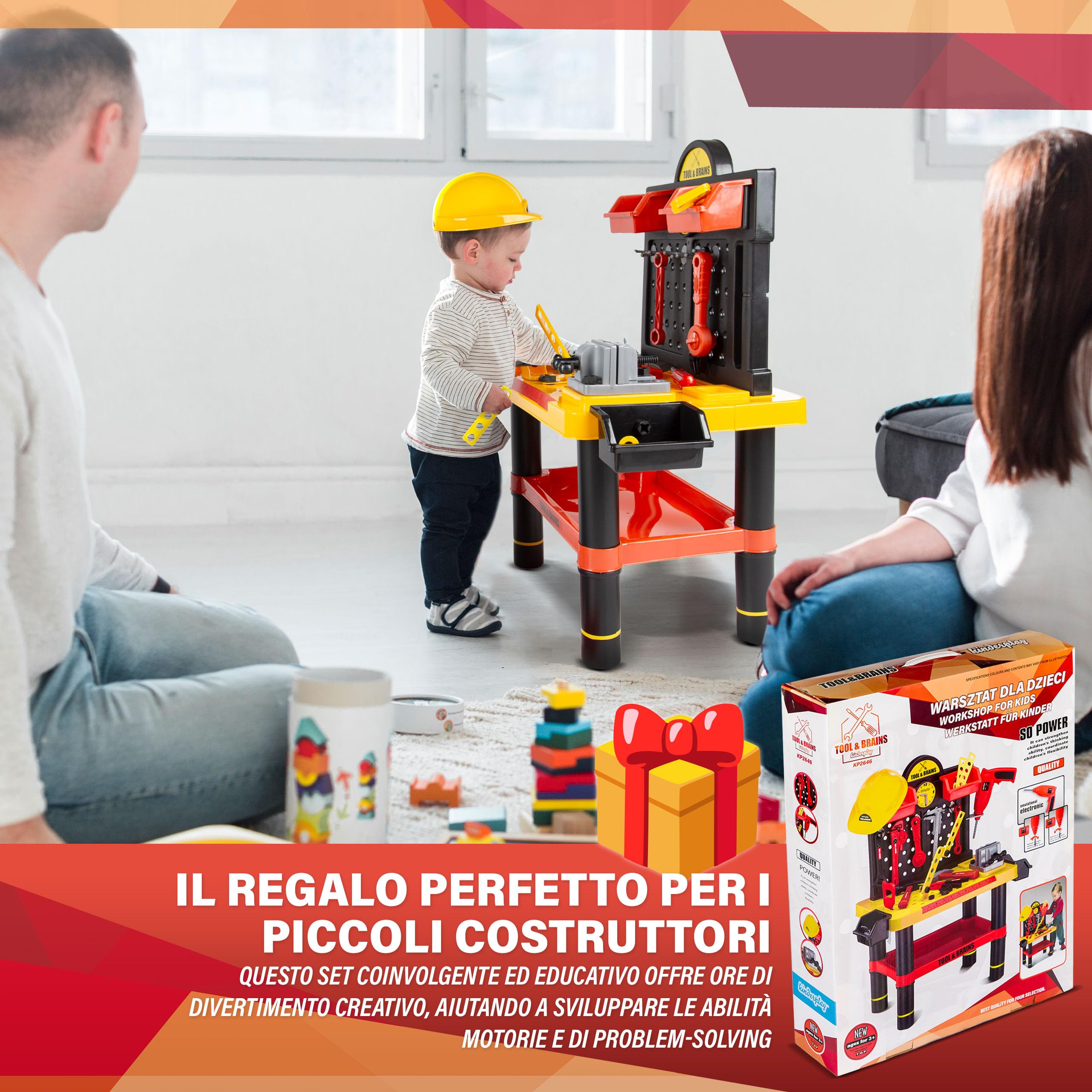 Kinderplay Banco da Lavoro Bambini – Officina Giocattolo con Trapano Elettrico e 50 Accessori – 3+ Anni – Casco Incluso – 58x33x68 cm