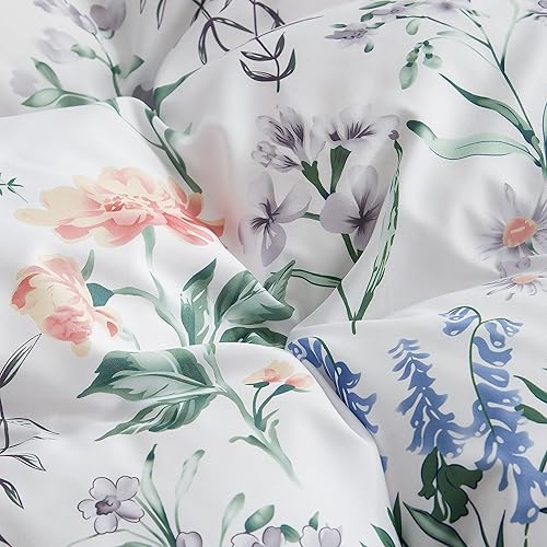 Miniatura 5 de Juego de funda de edredón con estampado floral verde, tamaño Queen, color verde salvia, suave, con diseño botánico, 3 piezas, 1 funda de edredón + 2