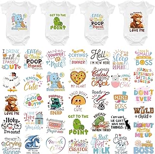 Fun Baby Iron on Transfers, 36 PCS Onesie Decorating Kit Baby Shower, Funny Heat Transfer Stickers, Iron on Decals for T Shirts Hoodie Bibs Bodysuit Clothing DIY Crafts