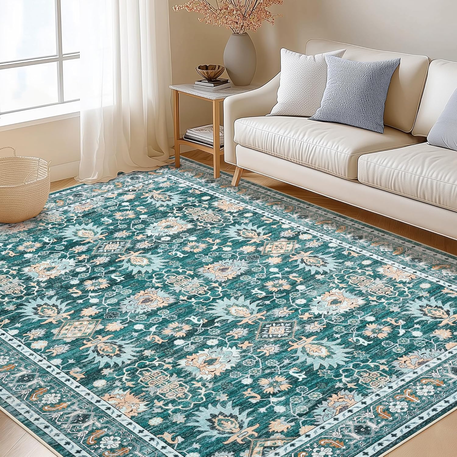Garvee 4x6 Area Rug for Living Room, Washable Vintage Printed Soft Rugs, Non Slip Low Pile Carpet for Entryway, Kitchen, Bedroom, Green
