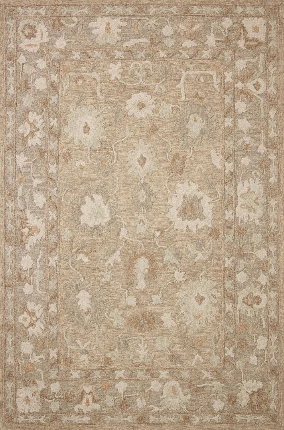 Loloi Chris Loves Julia Dorothea Collection DRT-02 Khaki/Dove 2'-6" x 7'-6" Runner Rug Wool Neutral Floral Living Room Bedroom Carpet