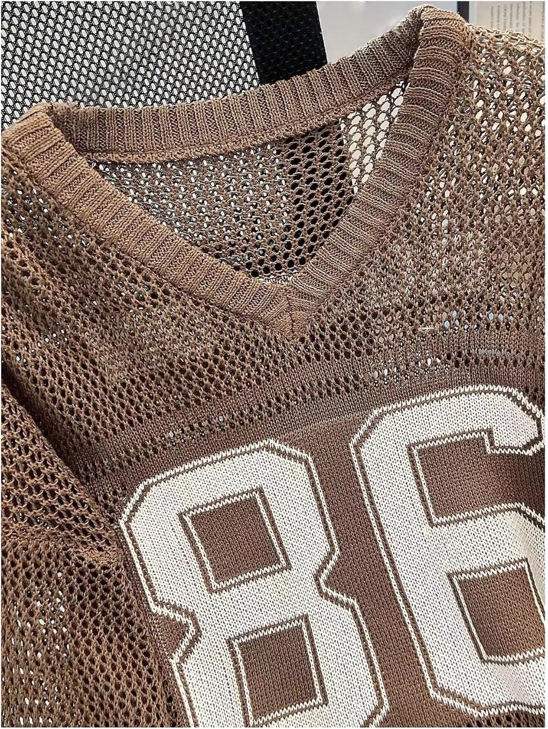 Floerns Women's Oversize Number Sweater Casual Hollow Out V Neck Street Pullover Top - Image 3