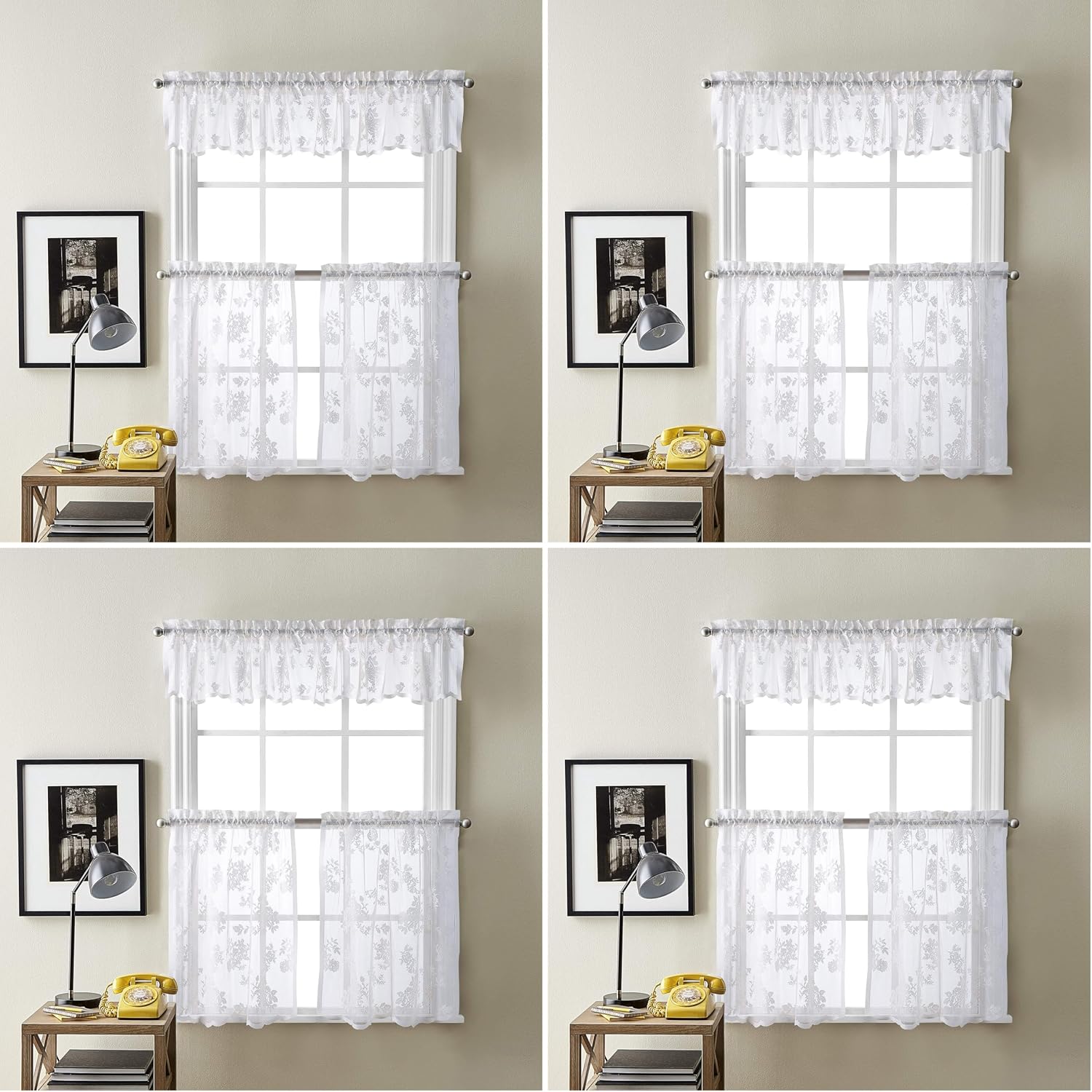 Curtainworks Sibella Lace Curtain Tier Pair, 28 x 36 in, White 2-Piece