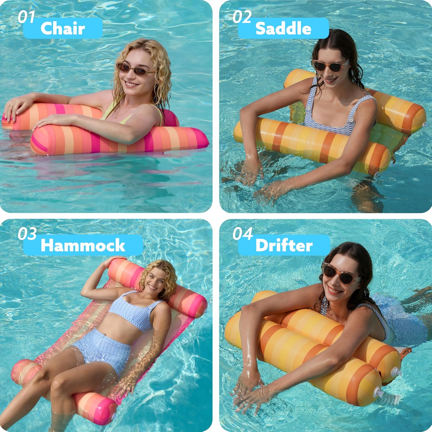 Sloosh 3 Pack 4-in-1 Inflatable Pool Floats - Water Hammock Lounges, Multi-Purpose Swimming Pool Accessories (Saddle, Lounge Chair, Drifter) for Pool, Lake, Outdoor, Beach