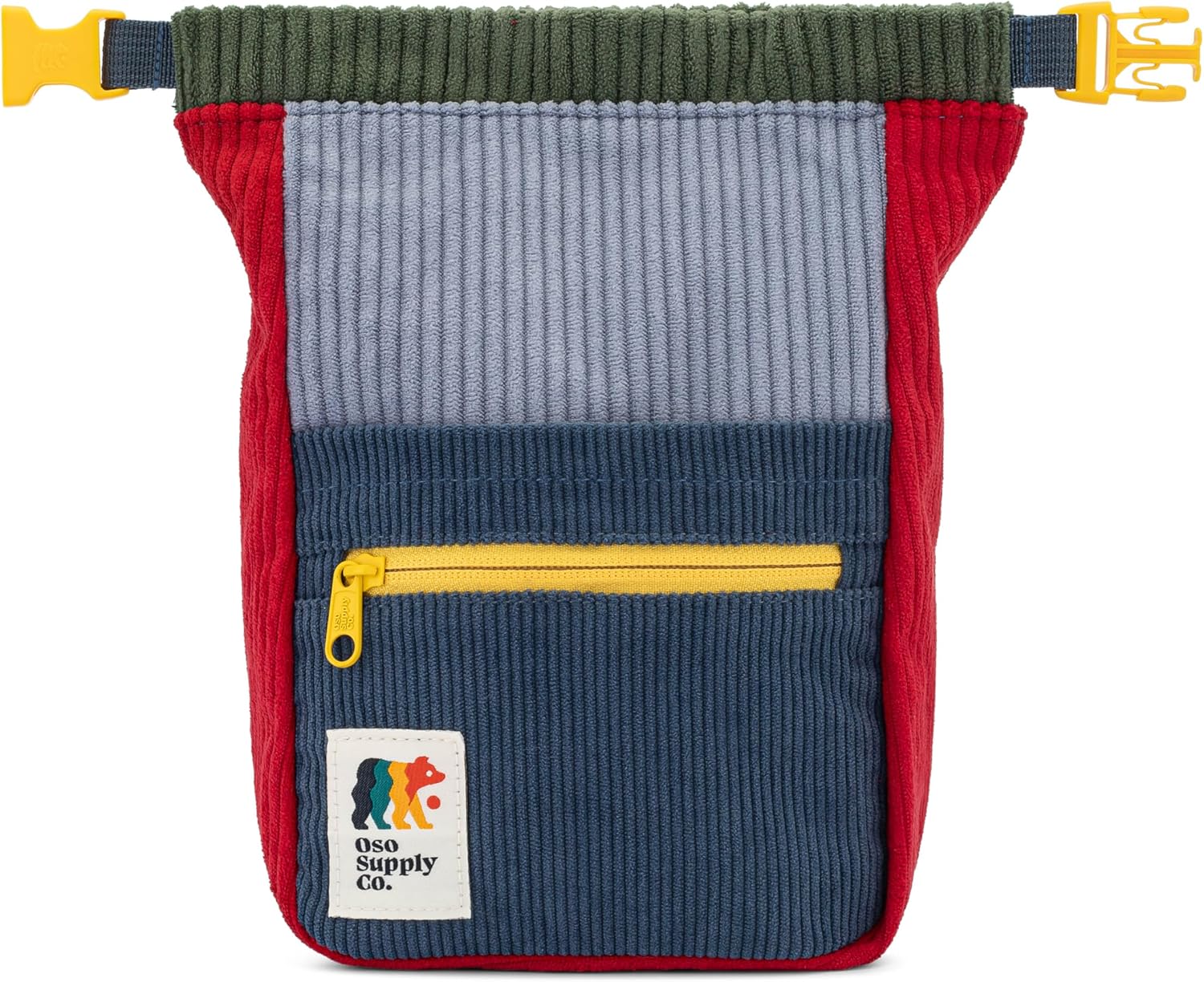 Retro Corduroy Bouldering Bucket, Large Size Freestanding Chalk Bag for Rock Climbing, Magnetic Roll Down Closure, Dual Brush Loops, Zippered Pockets and Pouch