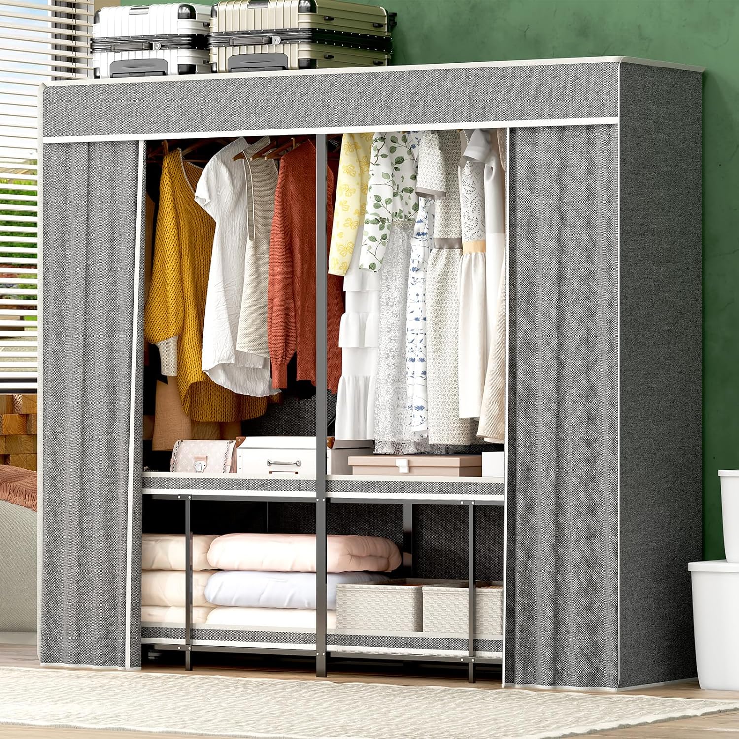 Heavy Duty Portable Closet with Cover 1200Ibs Foldable Covered Clothes Rack for Hanging Armoire Wardrobe Closet System Freestanding Coat Storage Garment Racks (190cm/74.8in Gray)