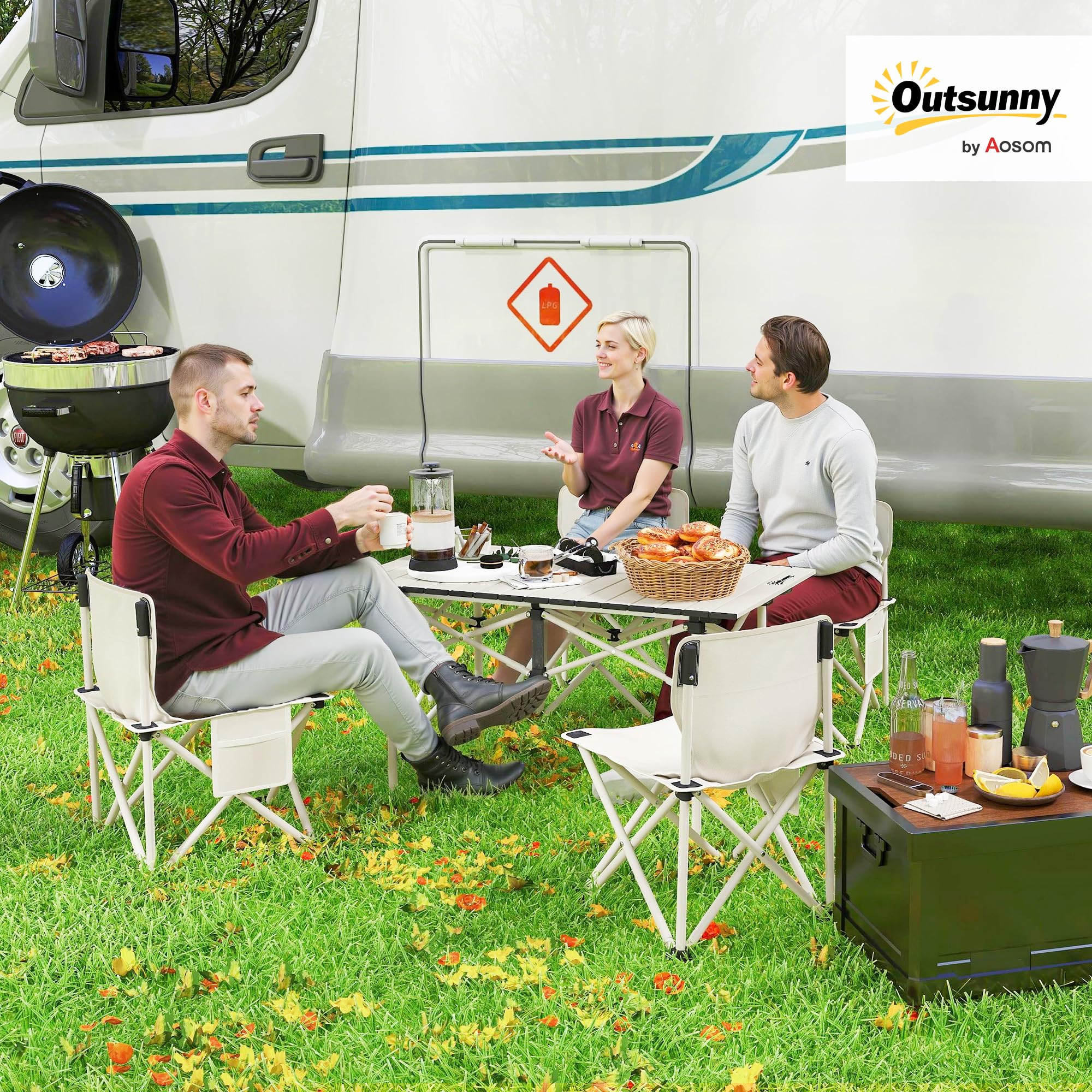 Outsunny Tavolo da campeggio con 4 sedie pieghevoli, set di tavolo e sedie da campeggio da 5 pezzi con tasche laterali e borse per il trasporto, 95 x 56,5 x 50 cm, bianco