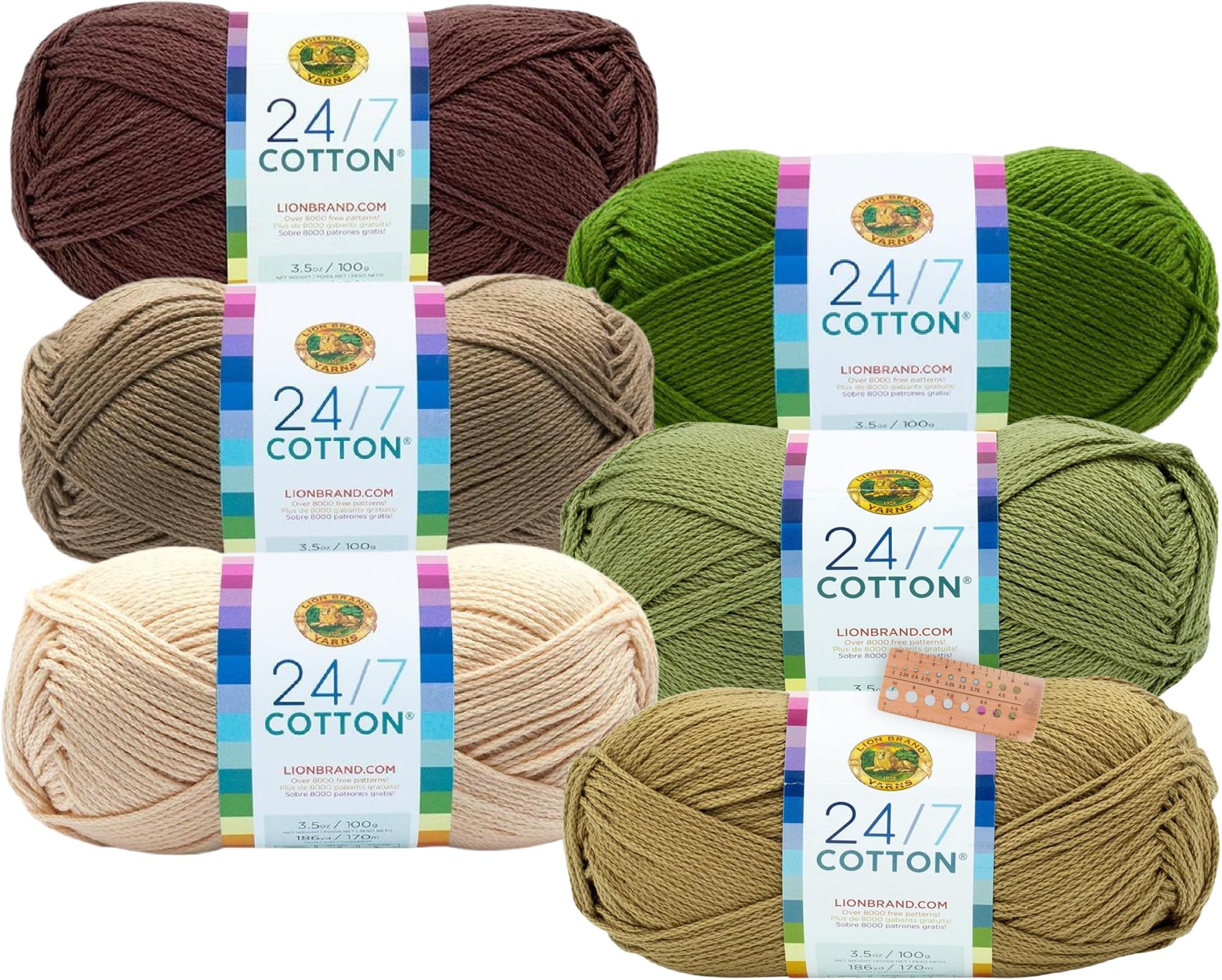 Lion Brand Yarn - 24/7 Cotton - Six Skein Assortment (Olive Tree)