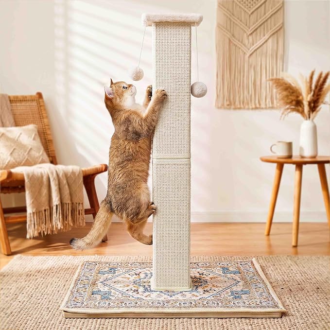 Tallar árbol rascador para gatos adultos 33'' grande con perchero, bonito poste rascador boho con alfombra y juguetes colgantes, blanco miniatura 7