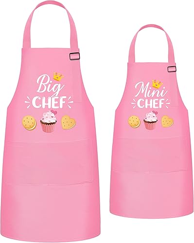 Vista 15 de R HORSE Juego de 2 delantales a juego para adultos y niños Papá y yo, delantal de cocina ajustable con 2 bolsillos para padres e hijos, regalo a