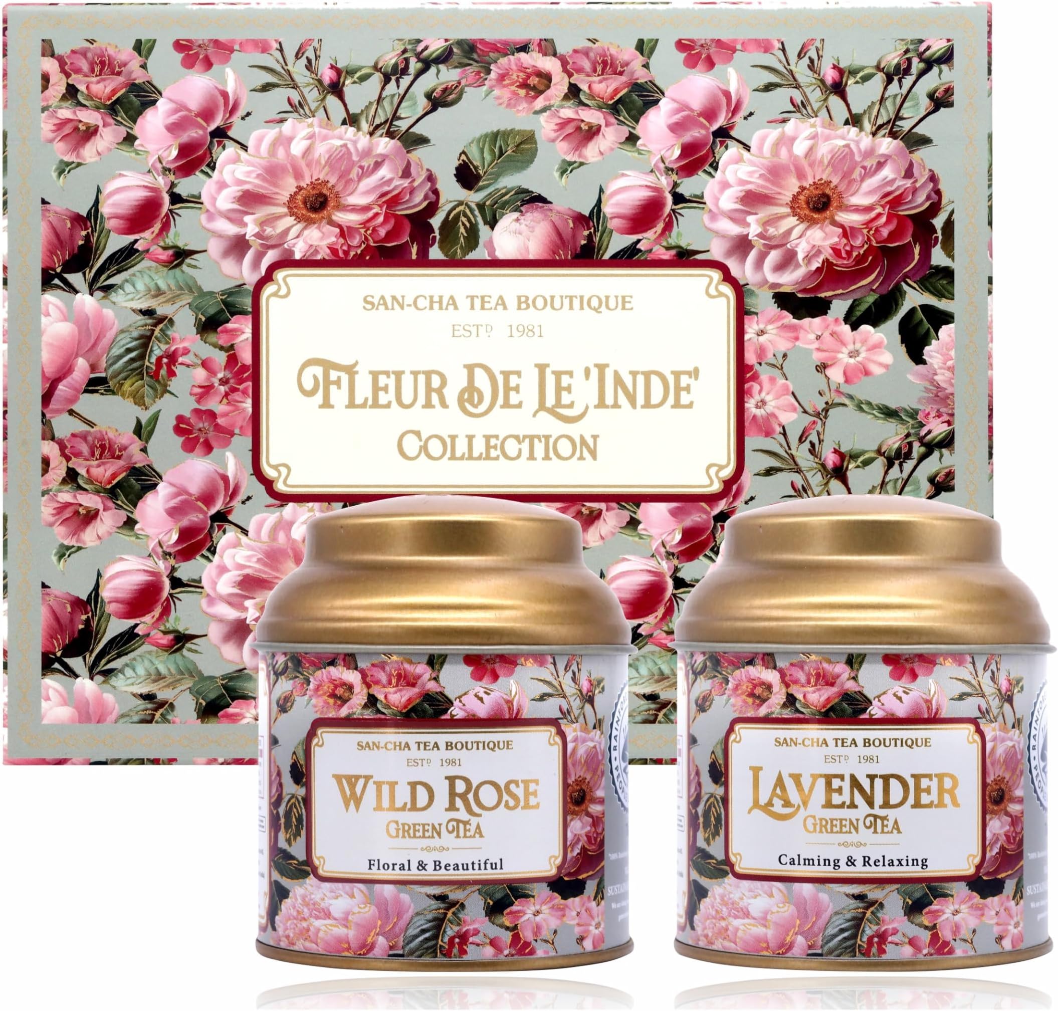 Tea Boutique | Fleur De Inde Tea Gift Box | Lavender & Rose Flavoured Green Teas | Loose Leaf Variety Pack | 2 × 50g Caddies | Premium Floral Sampler