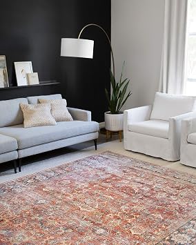 Loloi Layla Collection LAY-02 Spice/Marine 7'-6 x 9'-6 .13 Thick Area Rug, Soft, Durable, Vintage Inspired, Distressed, Low Pile, Non-Shedding, Easy Clean, Printed, Living Room Rug