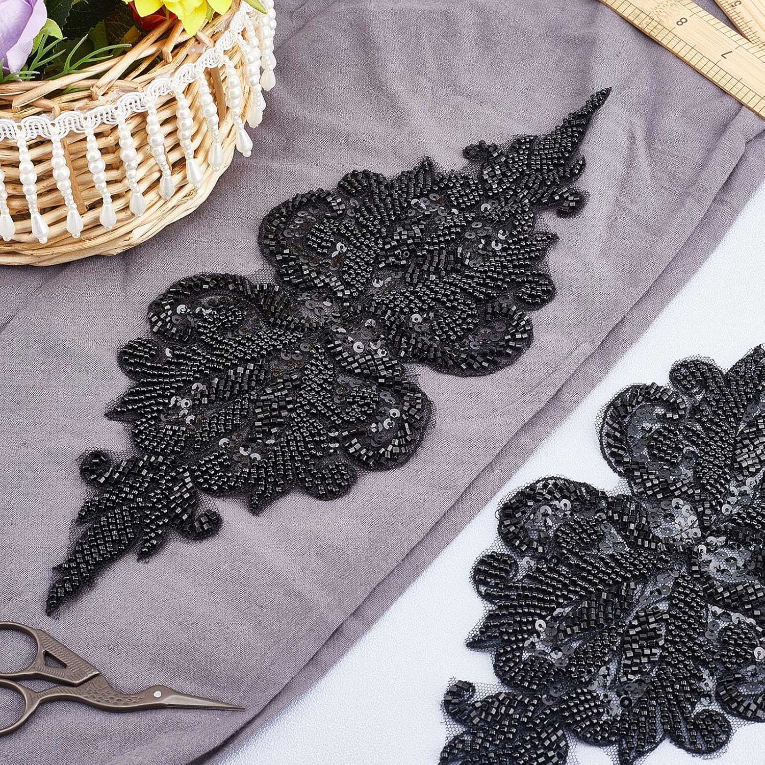 GORGECRAFT 2PCS Bead Embroidery Lace Appliques Flower Pattern Polyester Patches Beaded Tulle Decorative Sewing Ornament Accessories for Wedding Dresses Clothes Bag Pants Shoes Hats DIY Projects Black