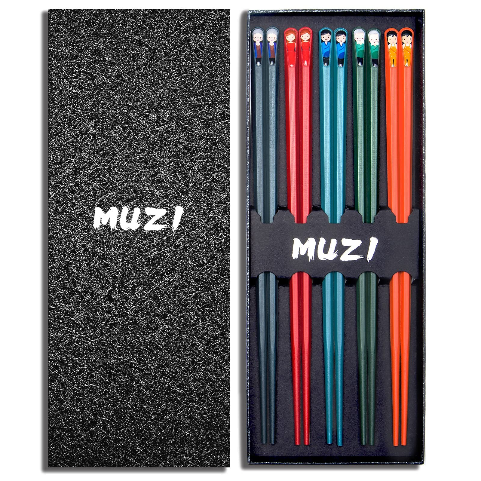 MUZI 5 Pairs Fiberglass Chopsticks - Reusable Chopsticks Dishwasher Safe, 9.4 Inch/24cm Matte Non-Slip Home Hotel Restaurant Dining Tools, Chinese/Japanese Chop Sticks Gift Sets with Box Multicolor