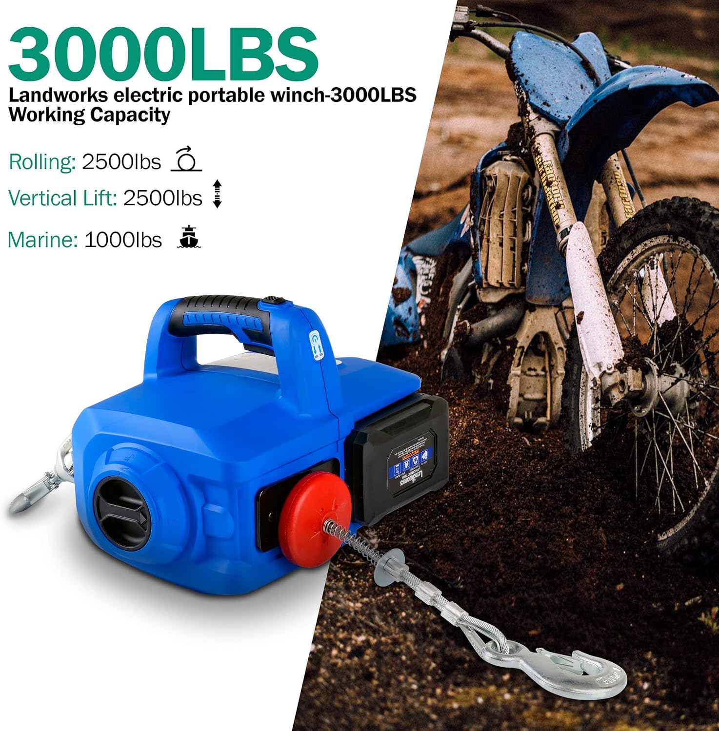 Landworks Electric Portable Winch Hoist Crane Lift Brushless Motor Li-Ion Battery Powered 1000Lbs/455Kgs Max Weight 20' Feet/6m Steel Braided Cable w/Locking Knob for atv truck boat trailer etc. : Industrial & Scientific