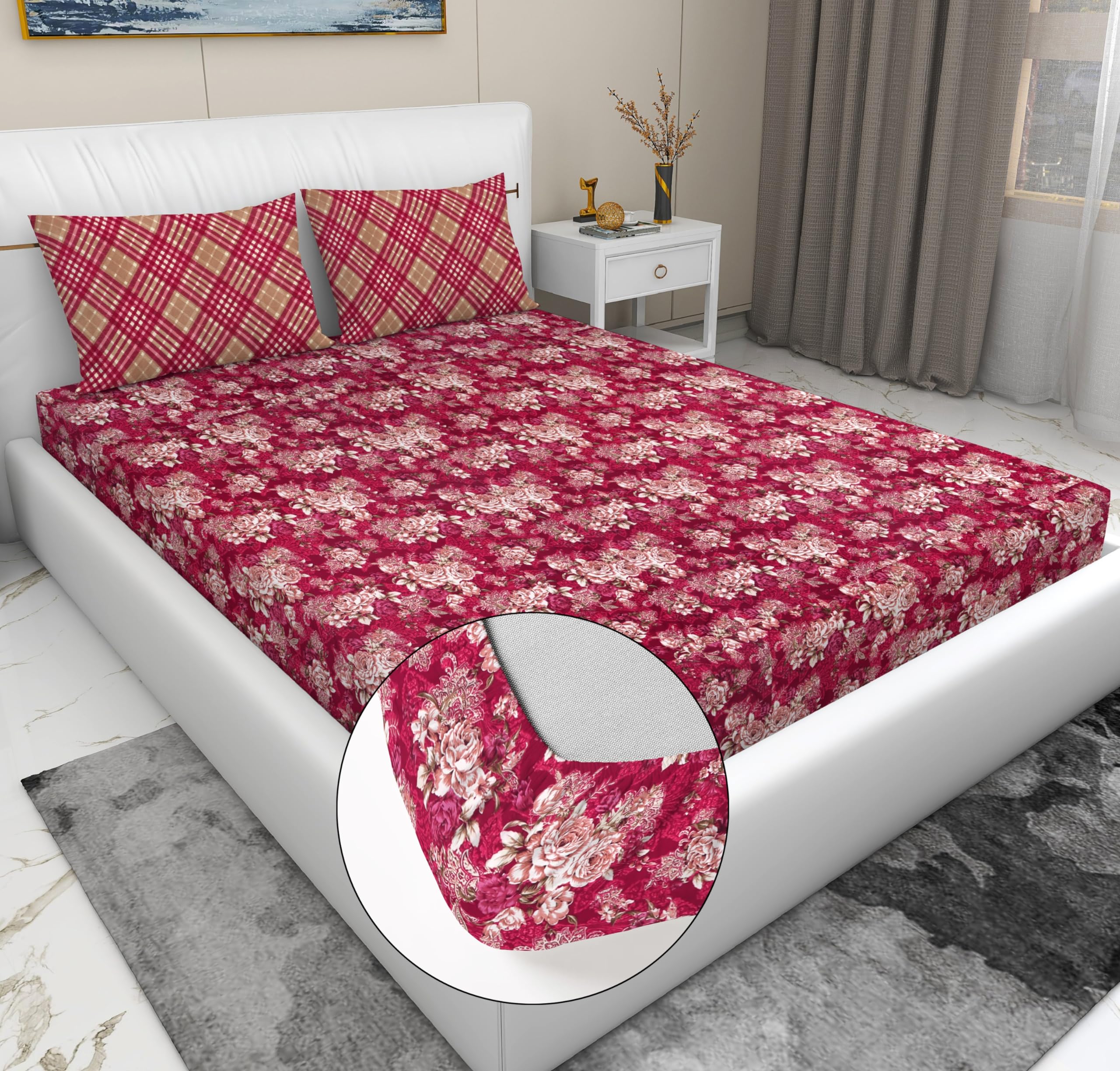 RD TREND® Presents Luxurious Glace Cotton Super Soft 210 TC 360° Elastic Fitted Bedsheet King Size (78X72X8 Inch) with 2 Pillow Covers, Color-Red Gold Leaf