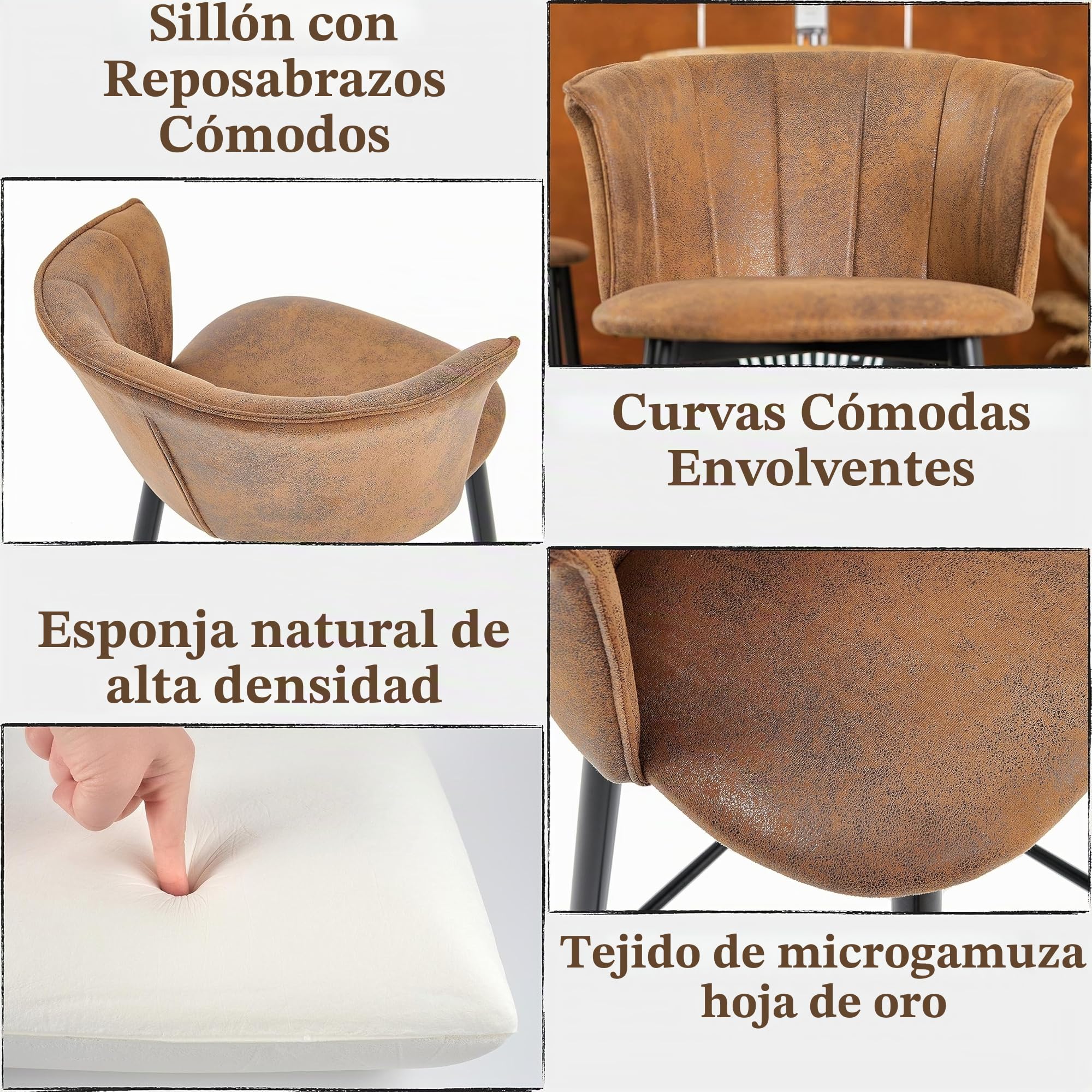 MEUBLE COSY Juego de 2 Taburete de Bar con Respaldo, Apoyabrazos y Reposapiés Sillas Tapizados de Gamuza Vintage Industrial Asiento de 72 cm de Altura para Cocina, Bar, Comedor, Marrón
