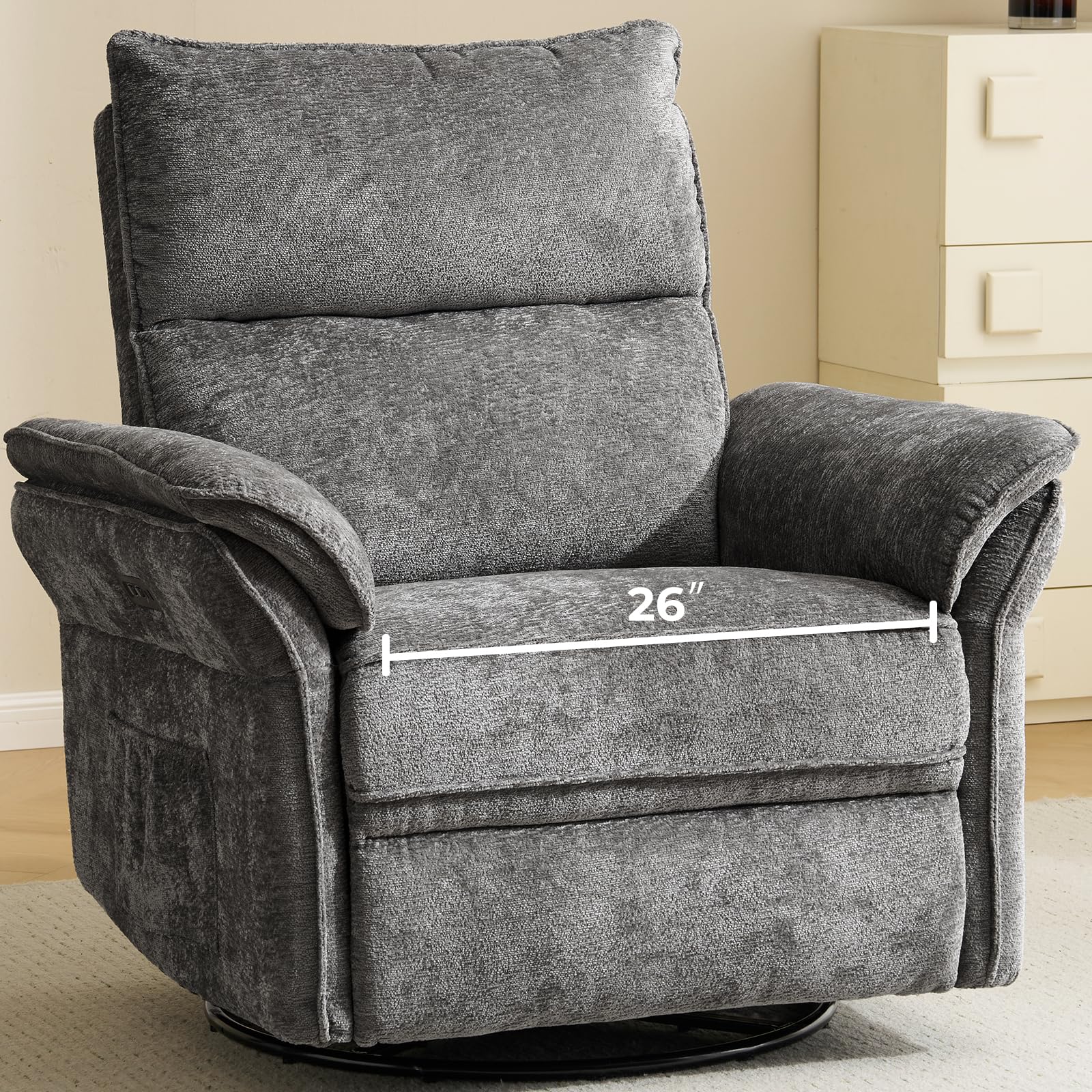 Oversized Power Recliner Chair Swivel Glider with Massage and Heat, Rocker Nursery Recliner for Adults with Adjustable Headrest, 26" Extra Wide Nursery Chair with Overstuffed Armrest, Dark Grey