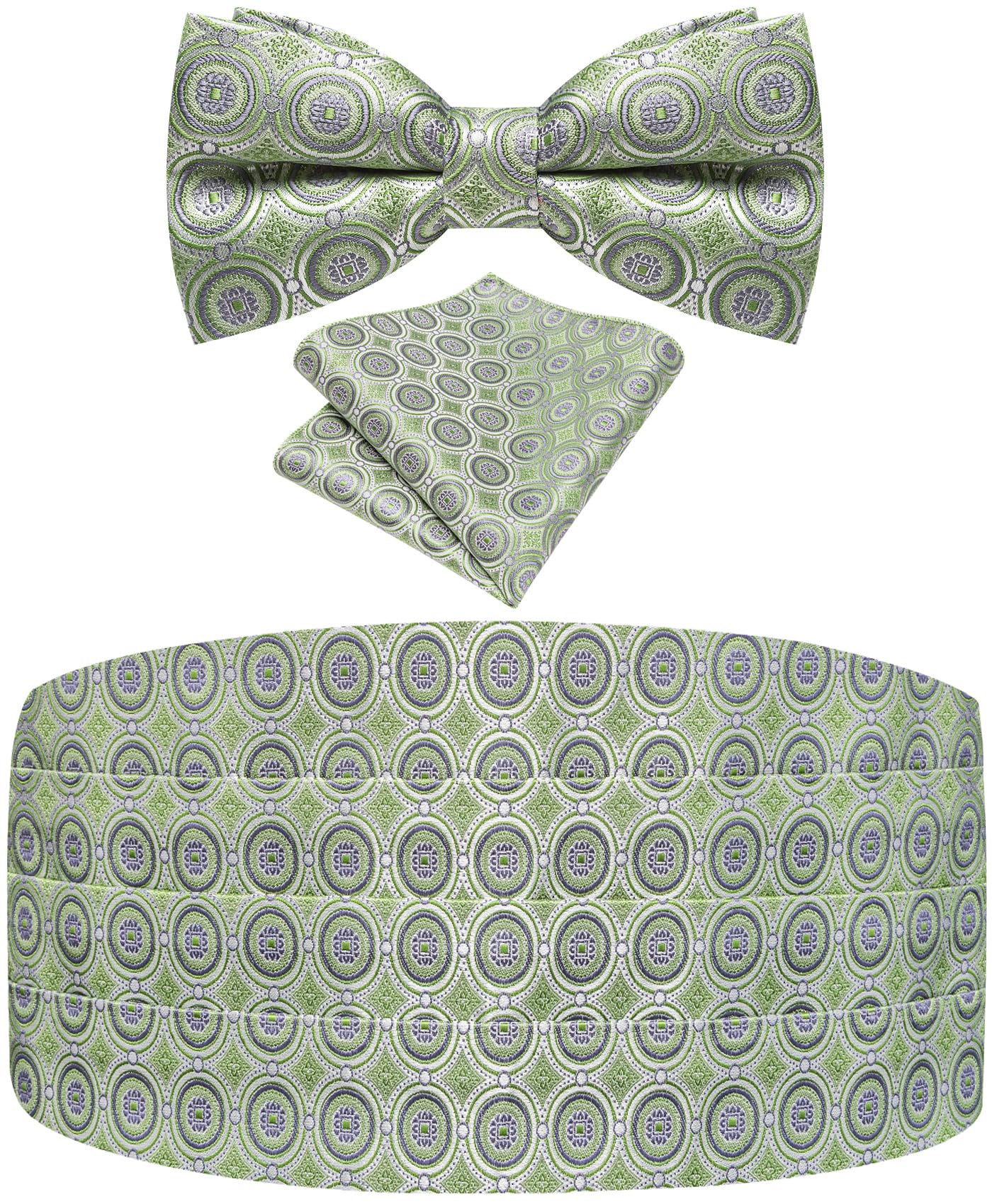 Paisley Floral Tuxedo Cummerbund Bow Tie Pocket Square Set for Men