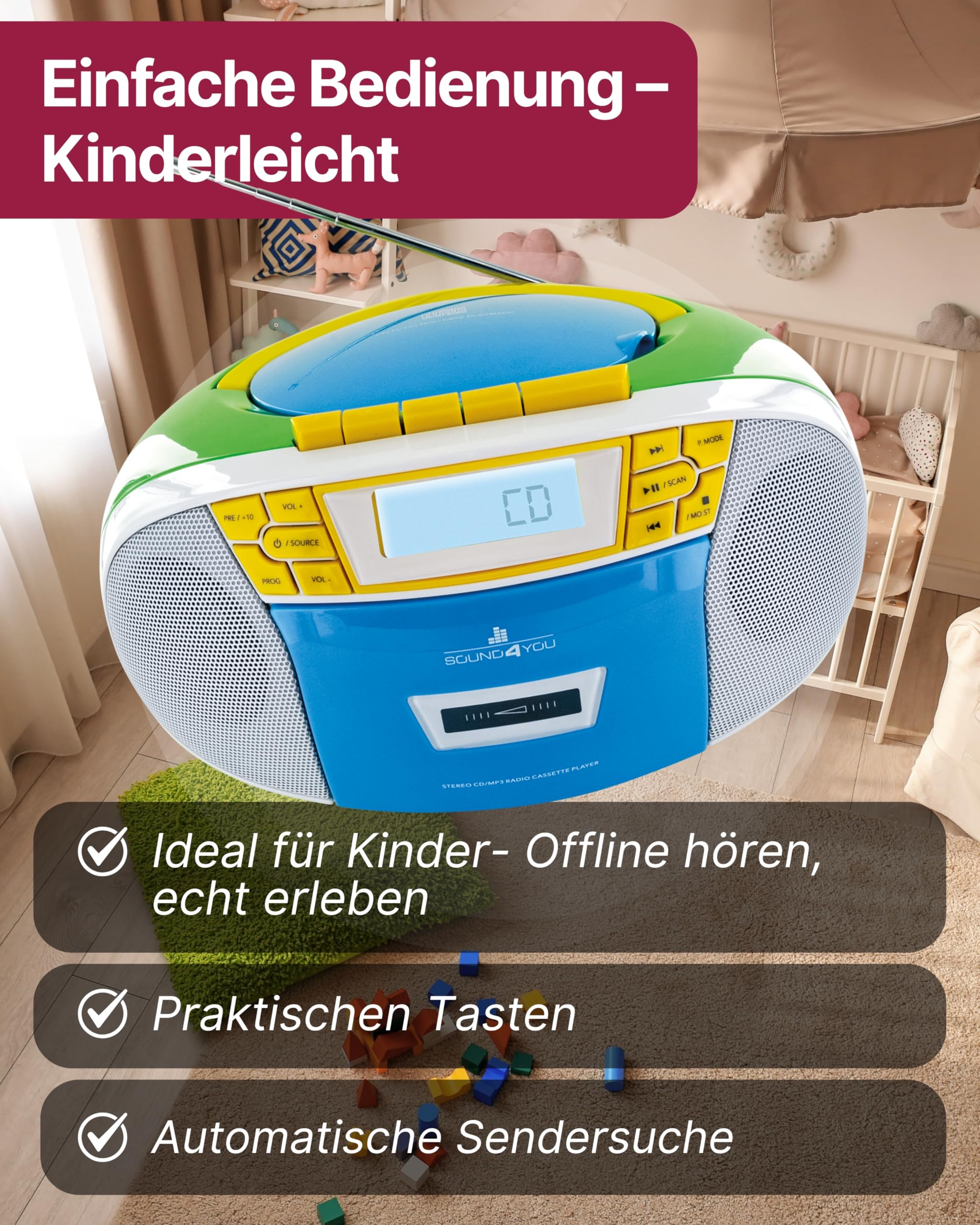 SCHWAIGER CD-Player I mit Kassettendeck & FM-Radio I tragbarer CD- & Kassettenspieler I CD-R, CD-WR, MP3, AUX, USB, FM kompatibel I im 90er-Jahre Retro Look I tragbar & kabellos