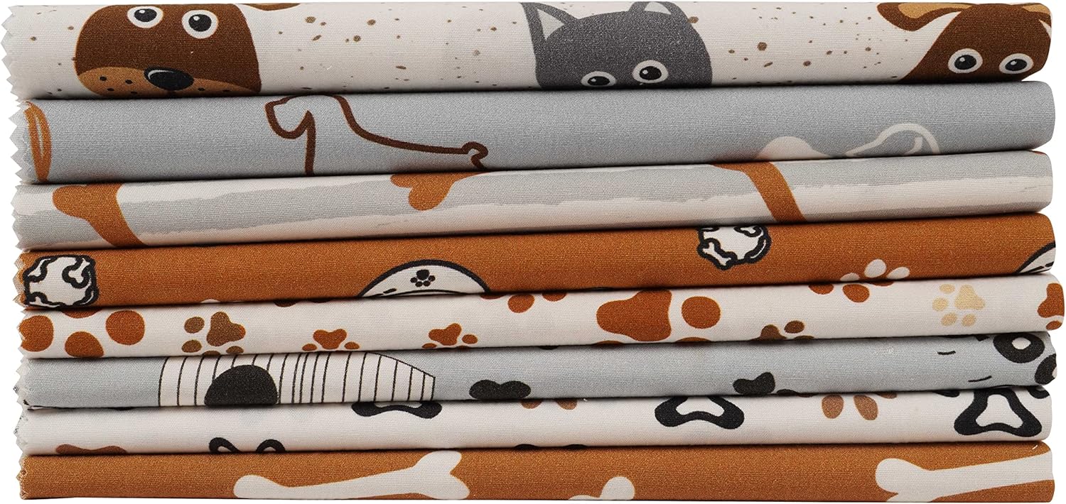 Soimoi 8 Pc Fat Quarter Bundle- Dog Print 18"x 22" DIY Patchwork- 100% Cotton Pre-Cut Quilting Fabric Gray-White- Brown