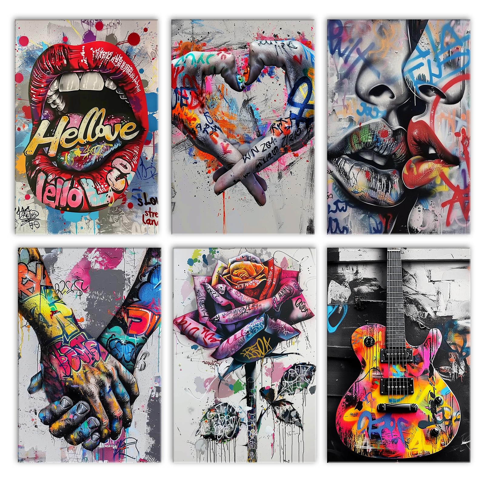 Walarky Graffiti Drawing Lips and Hearts Hand in Hand Rose Guitar Paint by Number Adults Set of 6 Digital Oil Painting Frameless