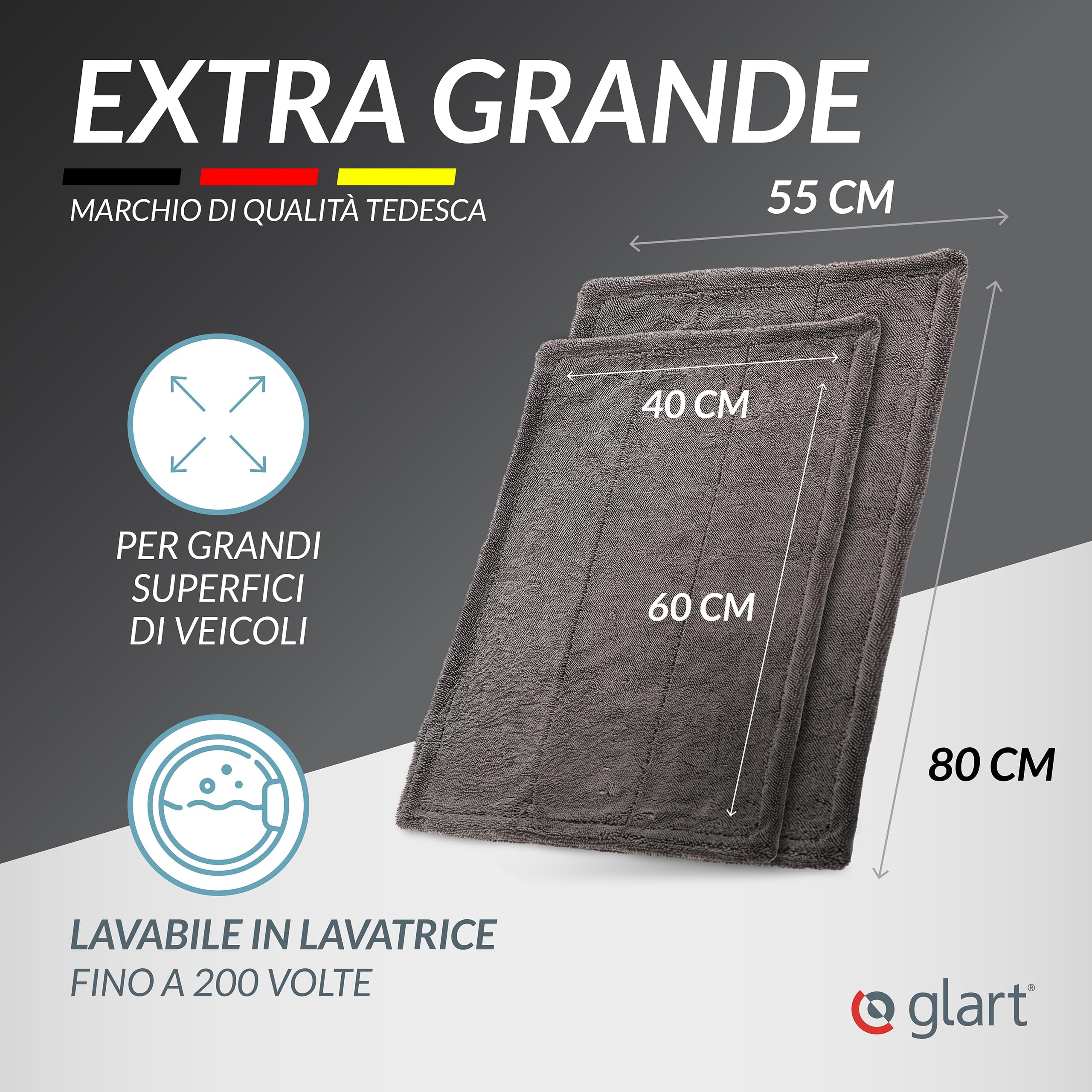 Glart 44TW68 Set Twist Panno Asciugante Auto XXL - Premium 80x55cm e 60x40cm panni in microfibra per asciugatura senza graffi prima/dopo lucidatura e pulizia dei cerchi, grande panno per auto e moto