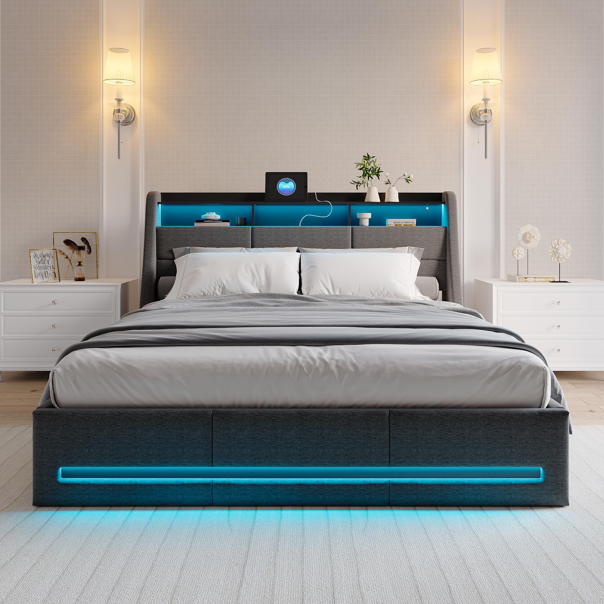 BRILVERDE Cama Canapé 160x200 cm en Lino Beige con LED y Puertos USB/USB-C, Gran Almacenaje, Cabecero con Estantes, Somier de Láminas, Cama Doble Adultos y Jóvenes