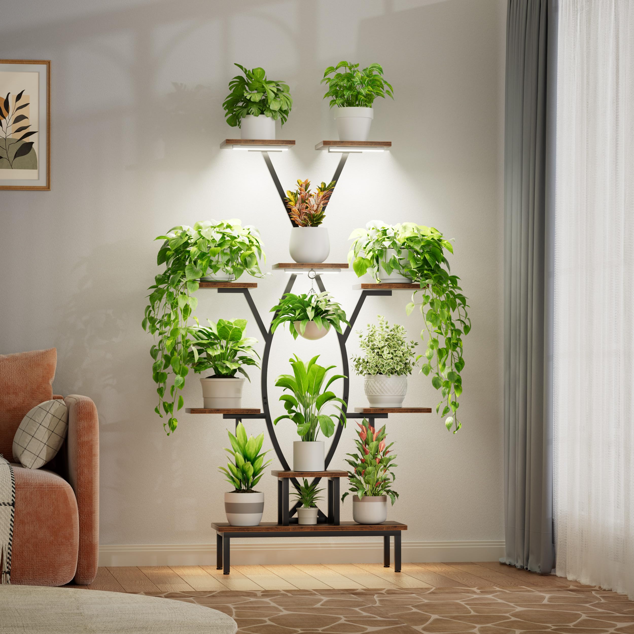 Pflanzenständer für den Innenbereich mit Pflanzenlampen – 9-stufiges hohes Pflanzenregal, 160 cm Eckpflanzenständer für mehrere Zimmerpflanzen, X-förmiger Metall-Blumenhalter, großes dekoratives Regal