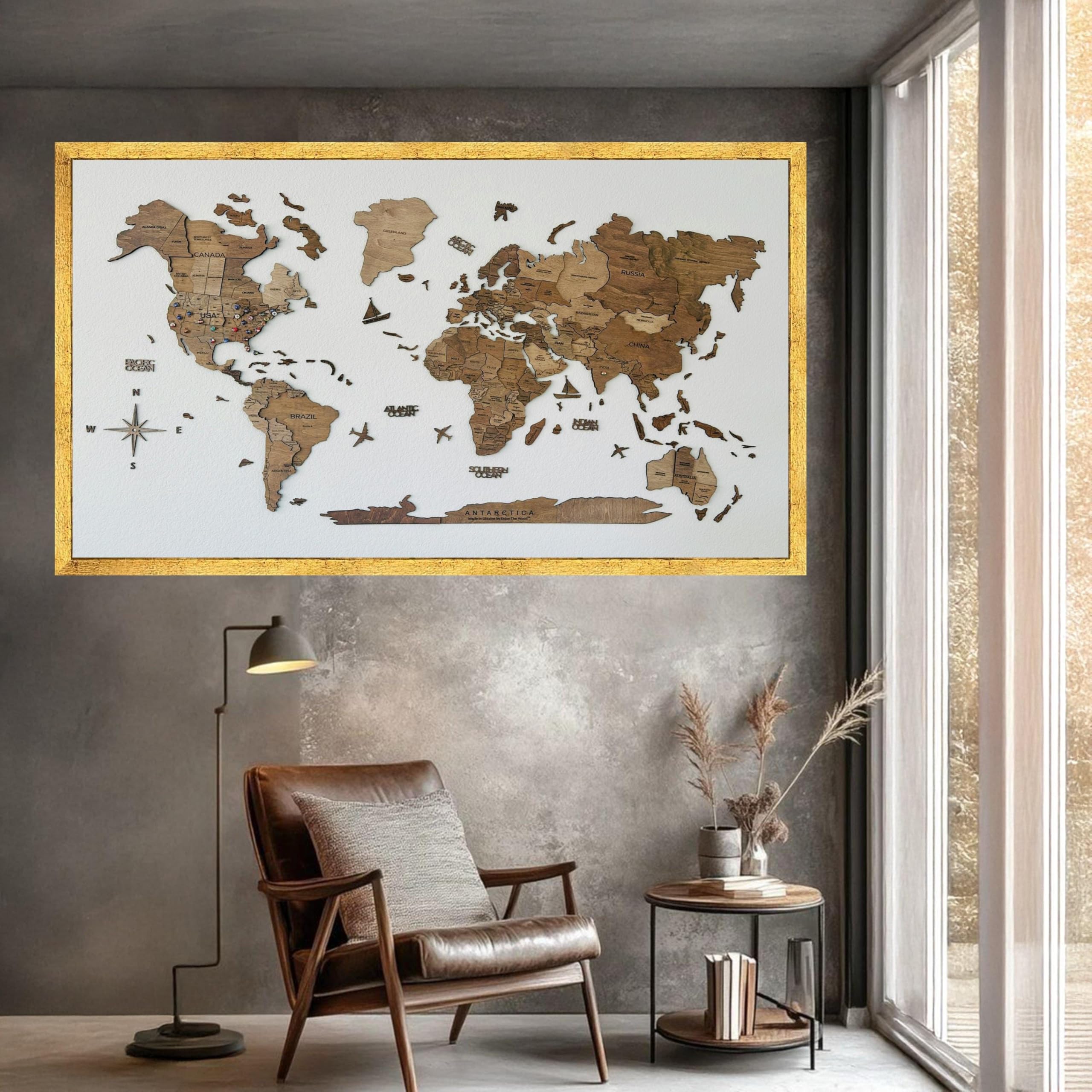 XINBAO Rustykalna drewniana mapa na płótnie, dekoracja geograficzna, dekoracja ścienna do domu, biura i z motywem podróży, plakat na płótnie (40 x 70 cm/rama wewnętrzna)