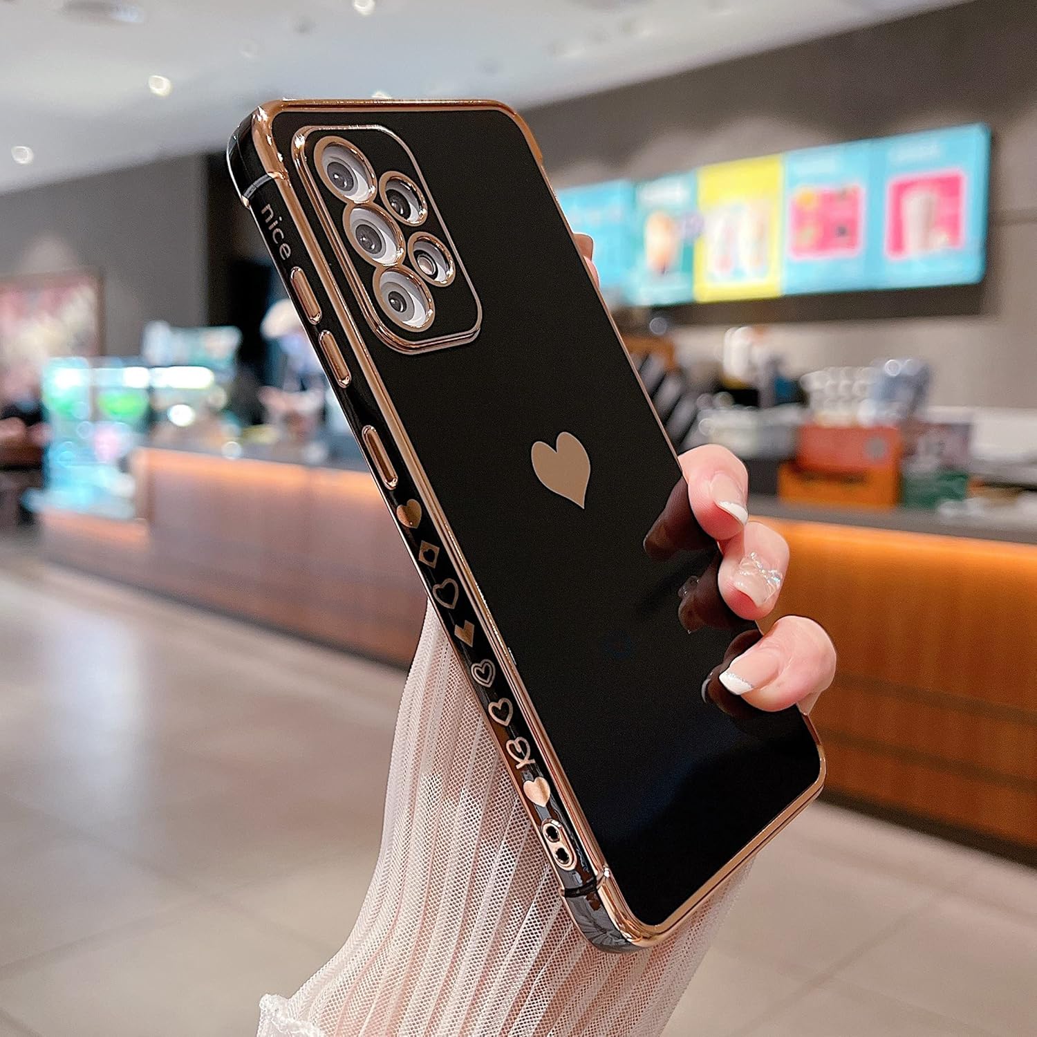 Compatible with Samsung Galaxy A13 4G Case,Love Heart Pattern Electroplated Design Soft TPU Shockproof Protective Phone Case Full Camera Lens Protection Cover for Samsung Galaxy A13 4G-Black