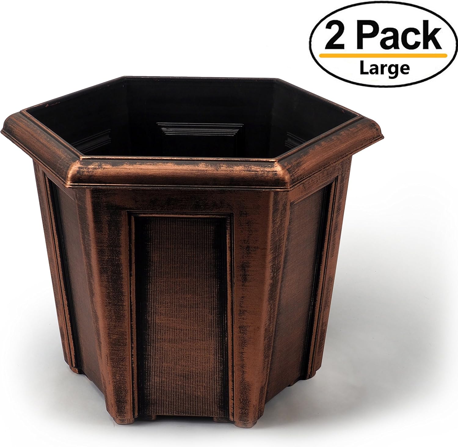 12" Rustic Hexagon Medieval Look (Set of 2 Planter + 2 Matching Trays) Flowerpot for Indoor Outdoor Garden Patio Office Home Decor (Copper-L)