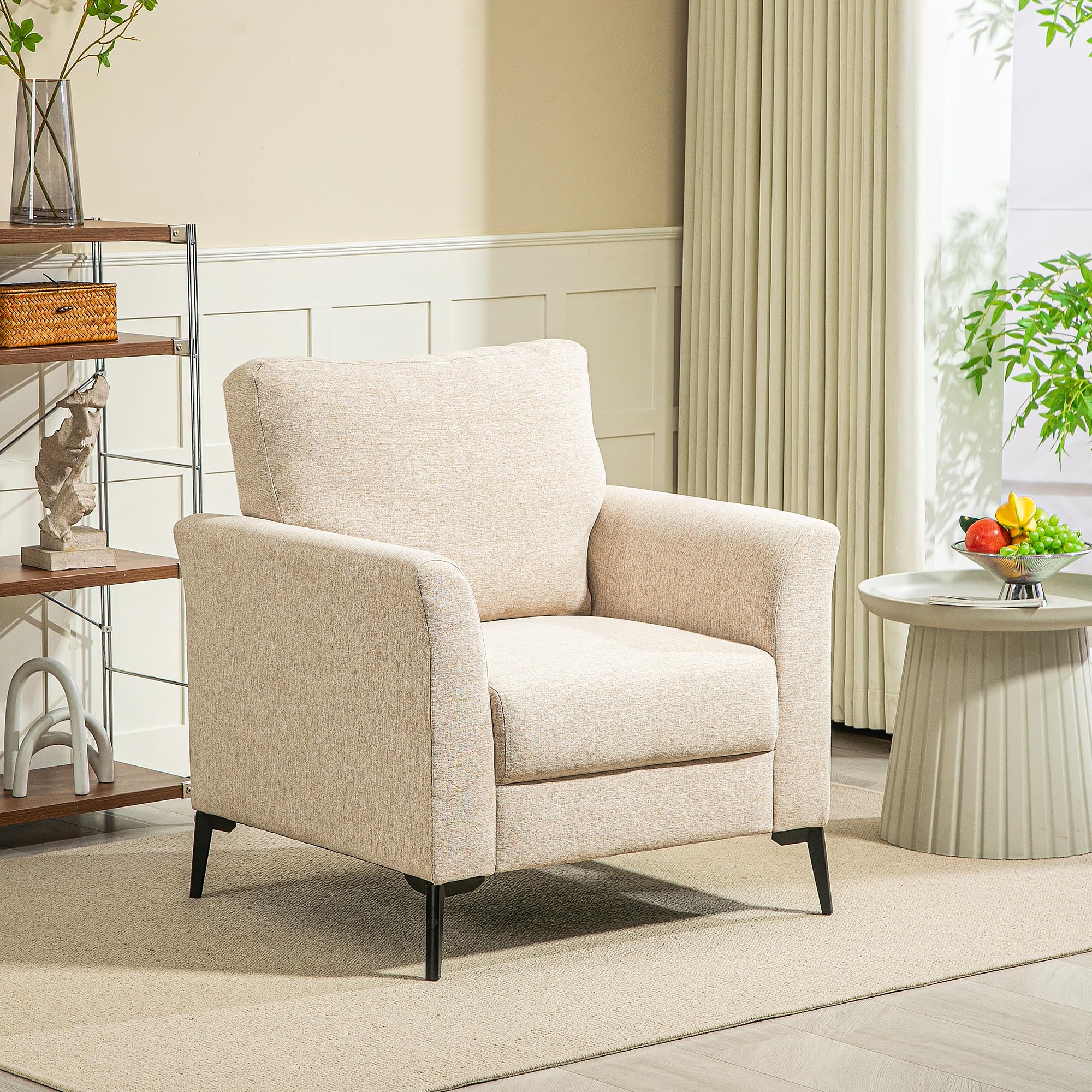 HOMCOM Modern Armchair Upholstered Linen Accent Chair with Metal Legs Beige